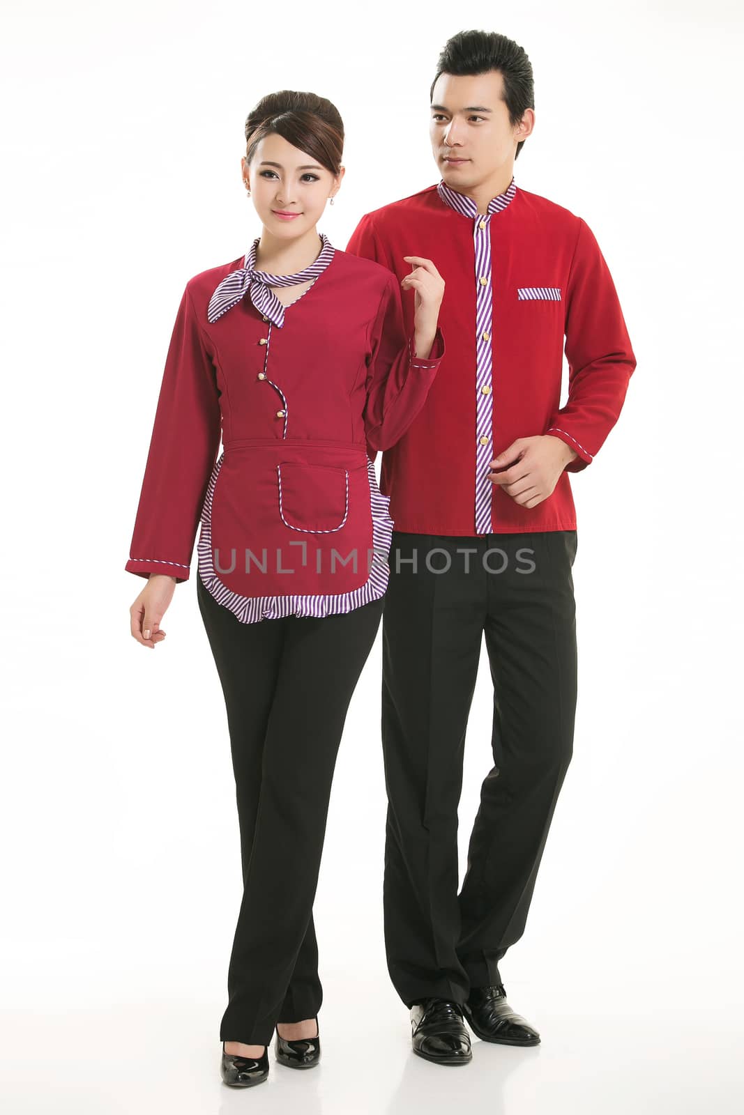 Wear clothing occupation Chinese waiters in white background