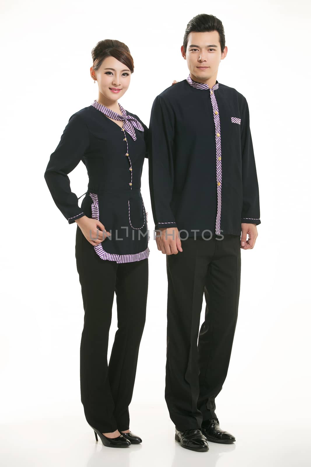 Wear clothing occupation Chinese waiters in white background by quweichang