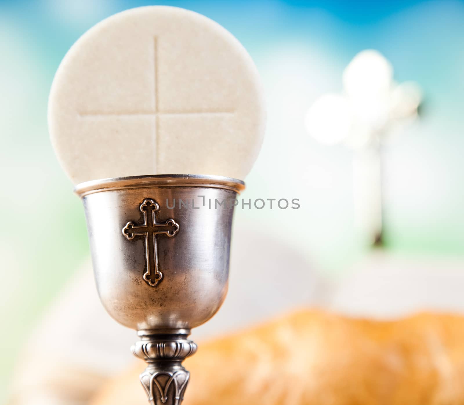 Holy Communion Bread, Wine, bright background, saturated concept