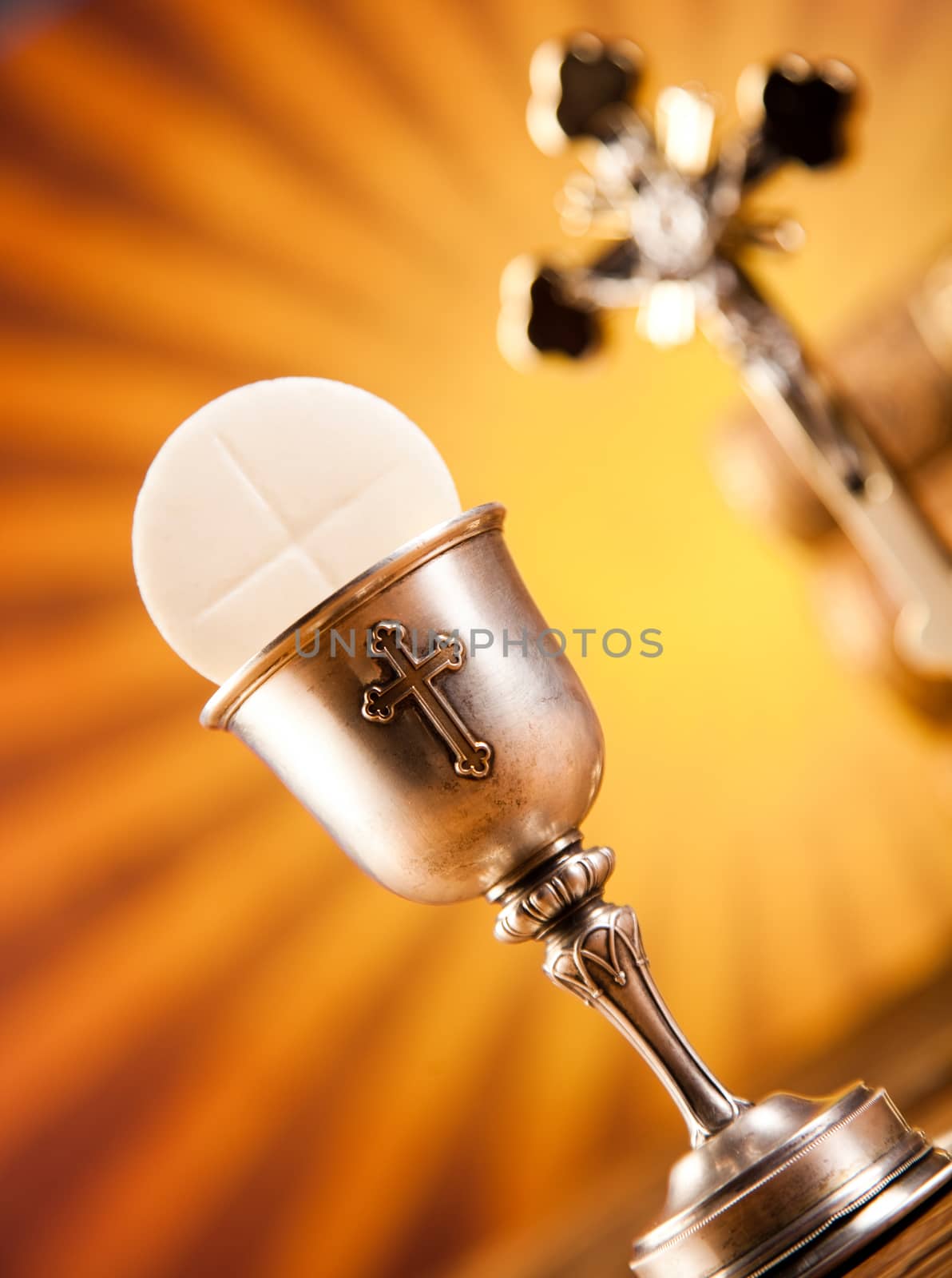 Holy Communion Bread, Wine, bright background, saturated concept