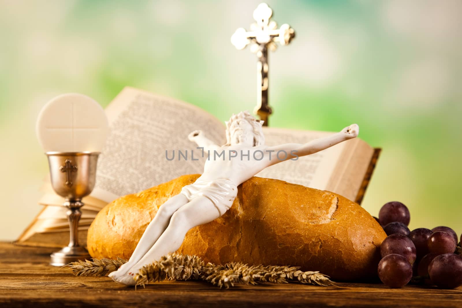Holy Communion Bread, Wine, bright background, saturated concept