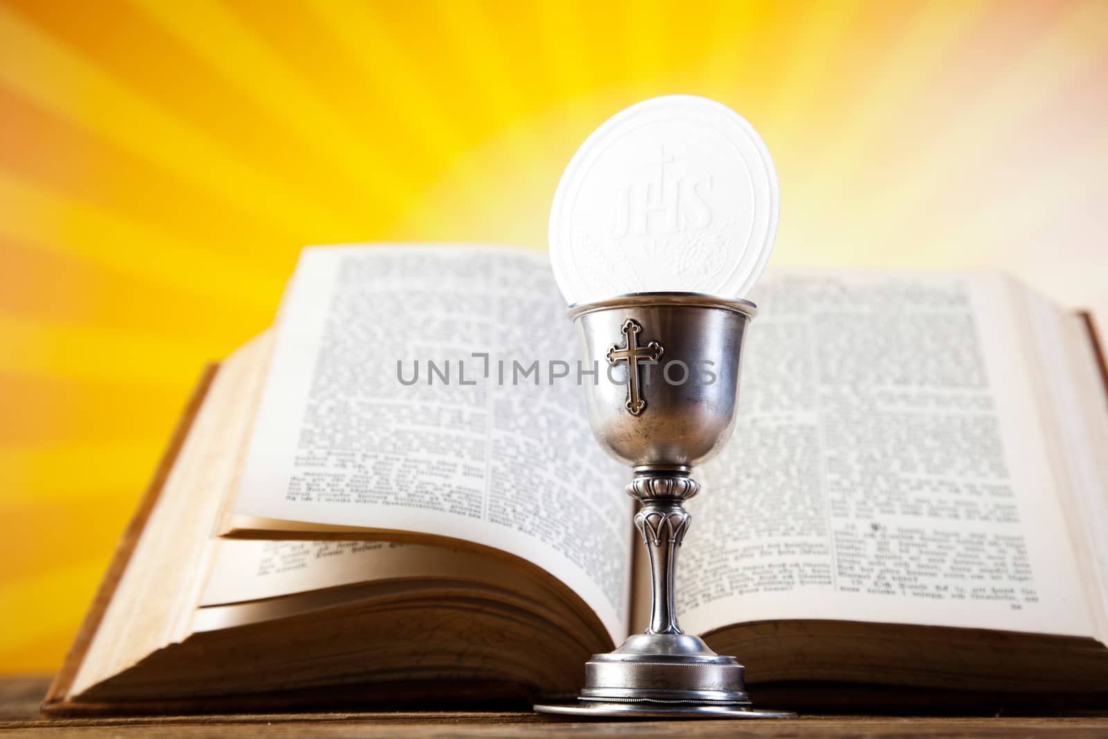 Holy Communion Bread, Wine, bright background, saturated concept