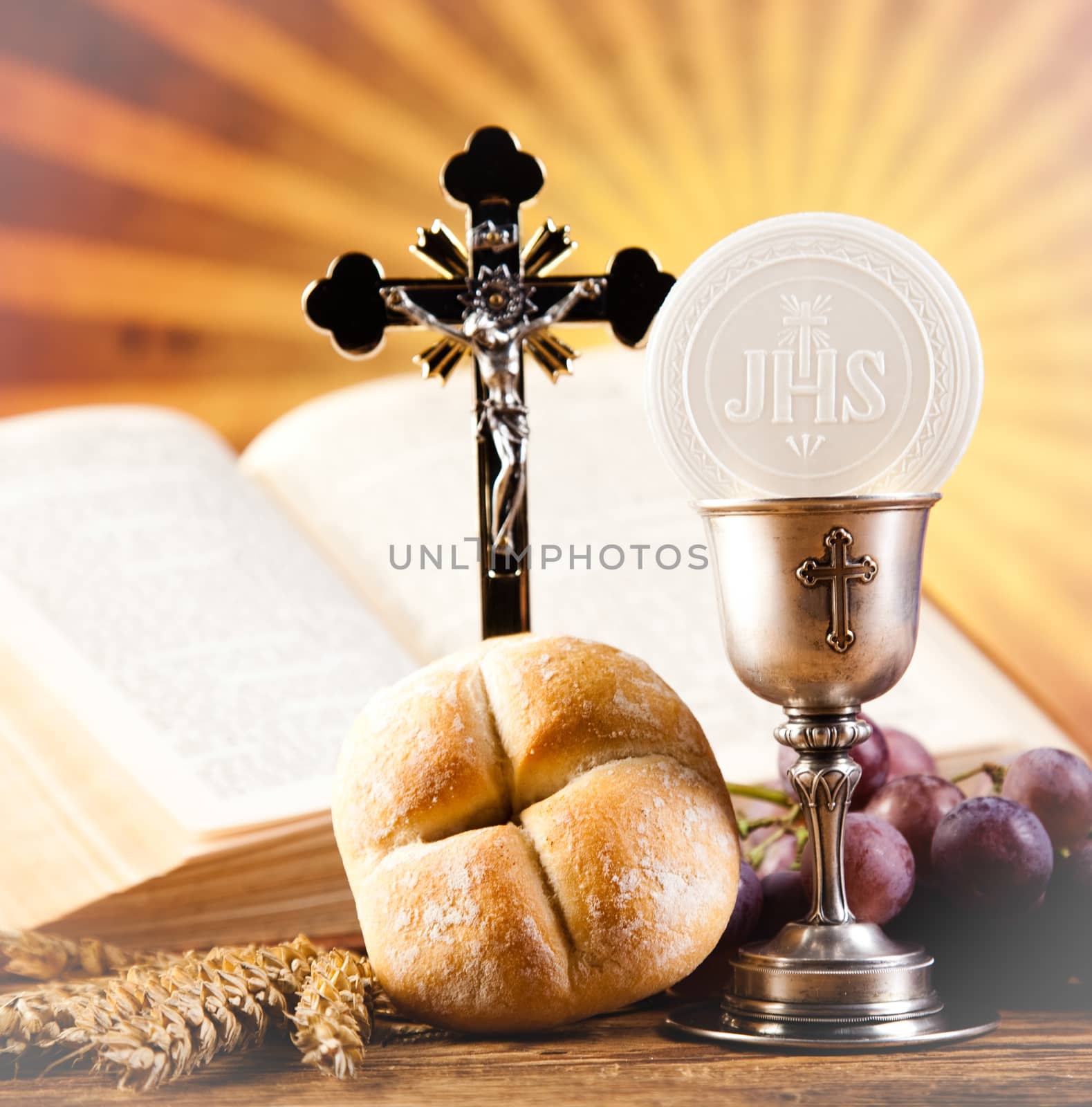 Holy Communion Bread, Wine, bright background, saturated concept