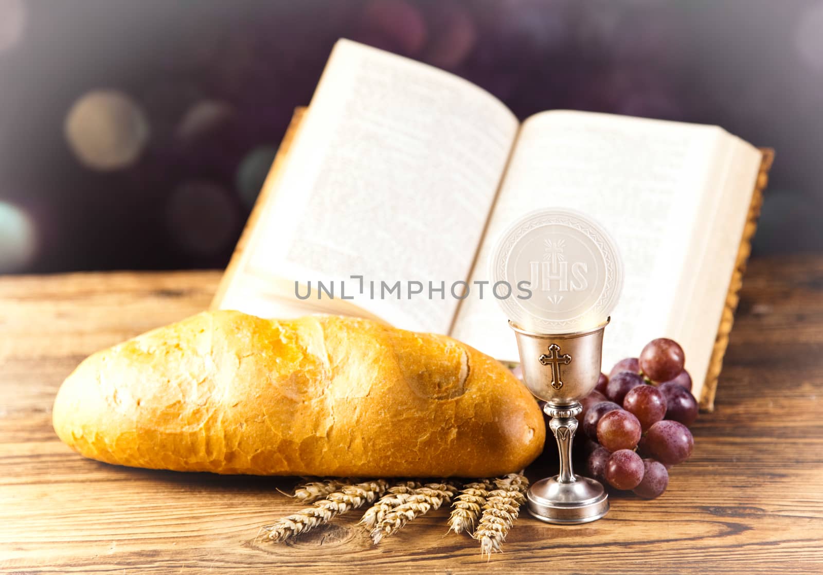 Holy Communion Bread, Wine, bright background, saturated concept