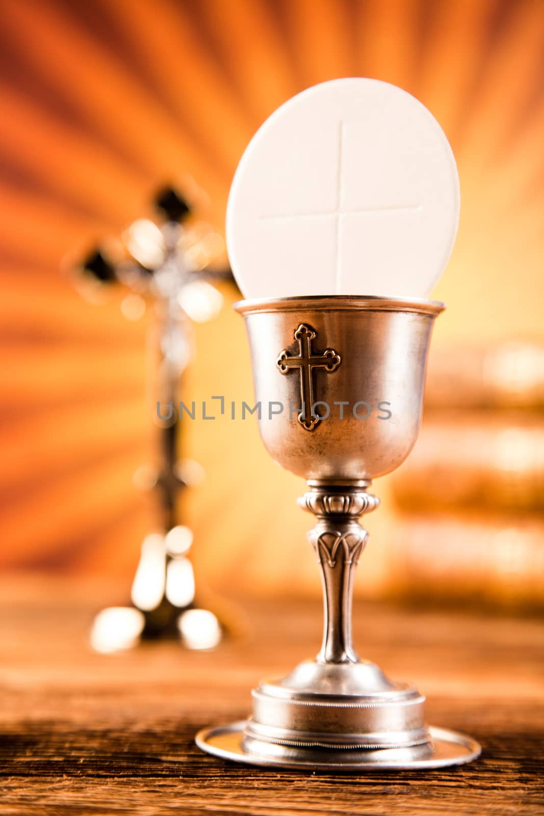 Holy Communion Bread, Wine, bright background, saturated concept