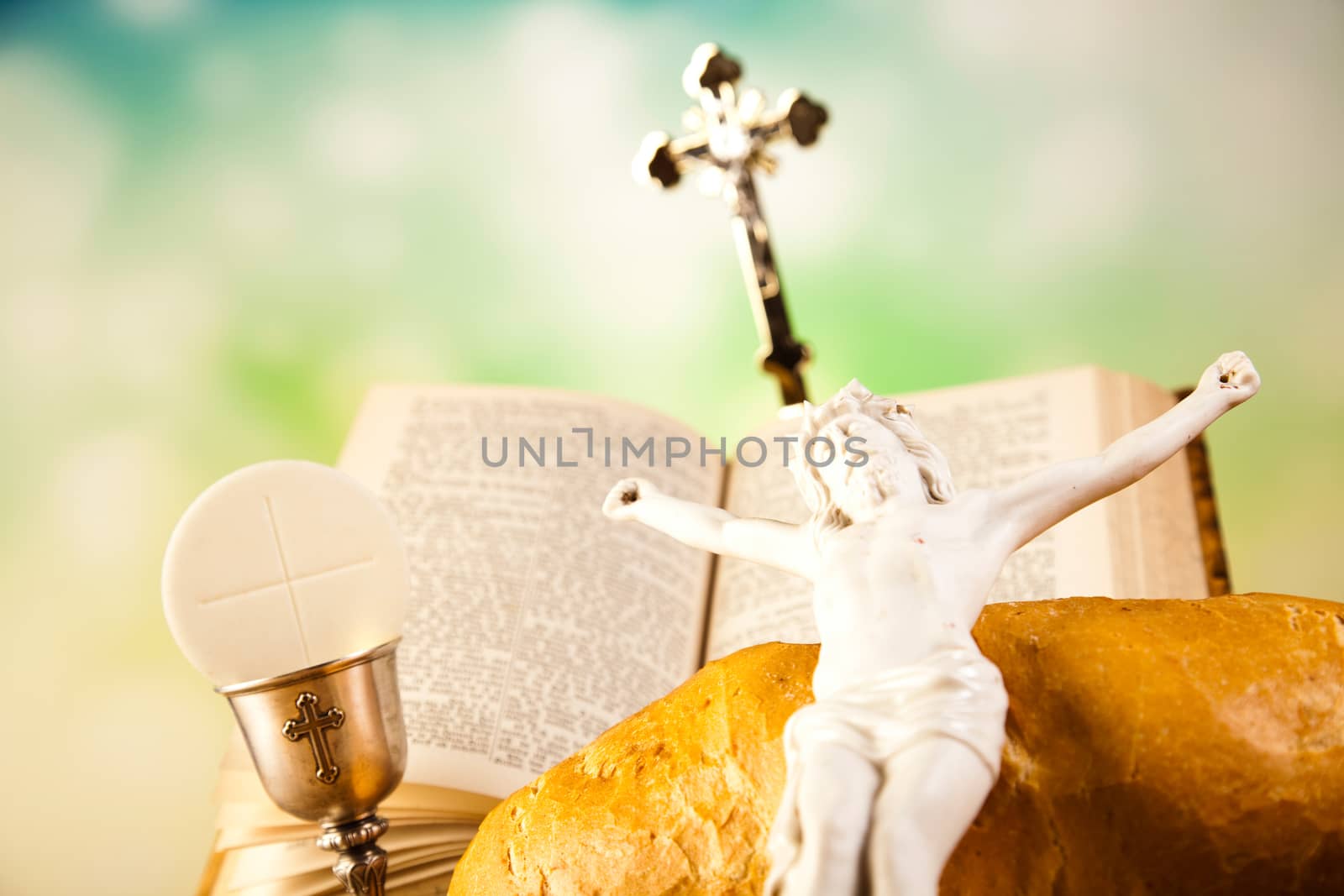 Holy Communion Bread, Wine, bright background, saturated concept