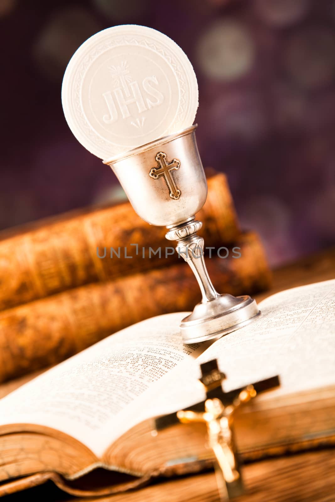 Holy Communion Bread, Wine, bright background, saturated concept
