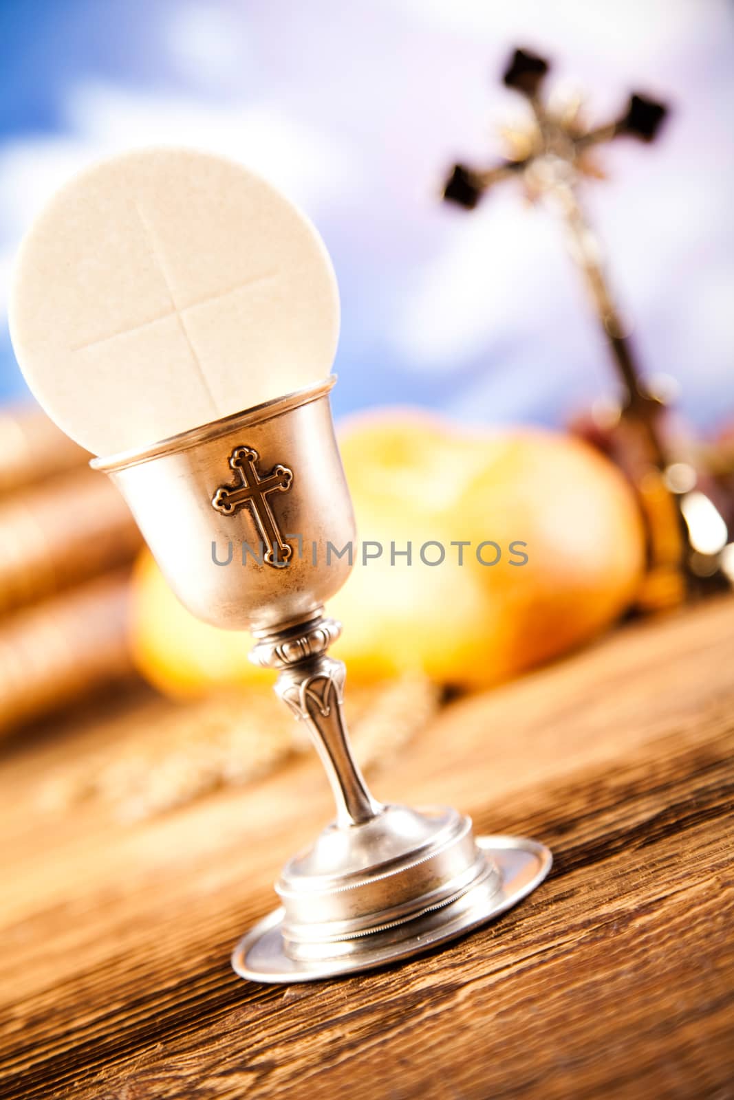 Holy Communion Bread, Wine, bright background, saturated concept