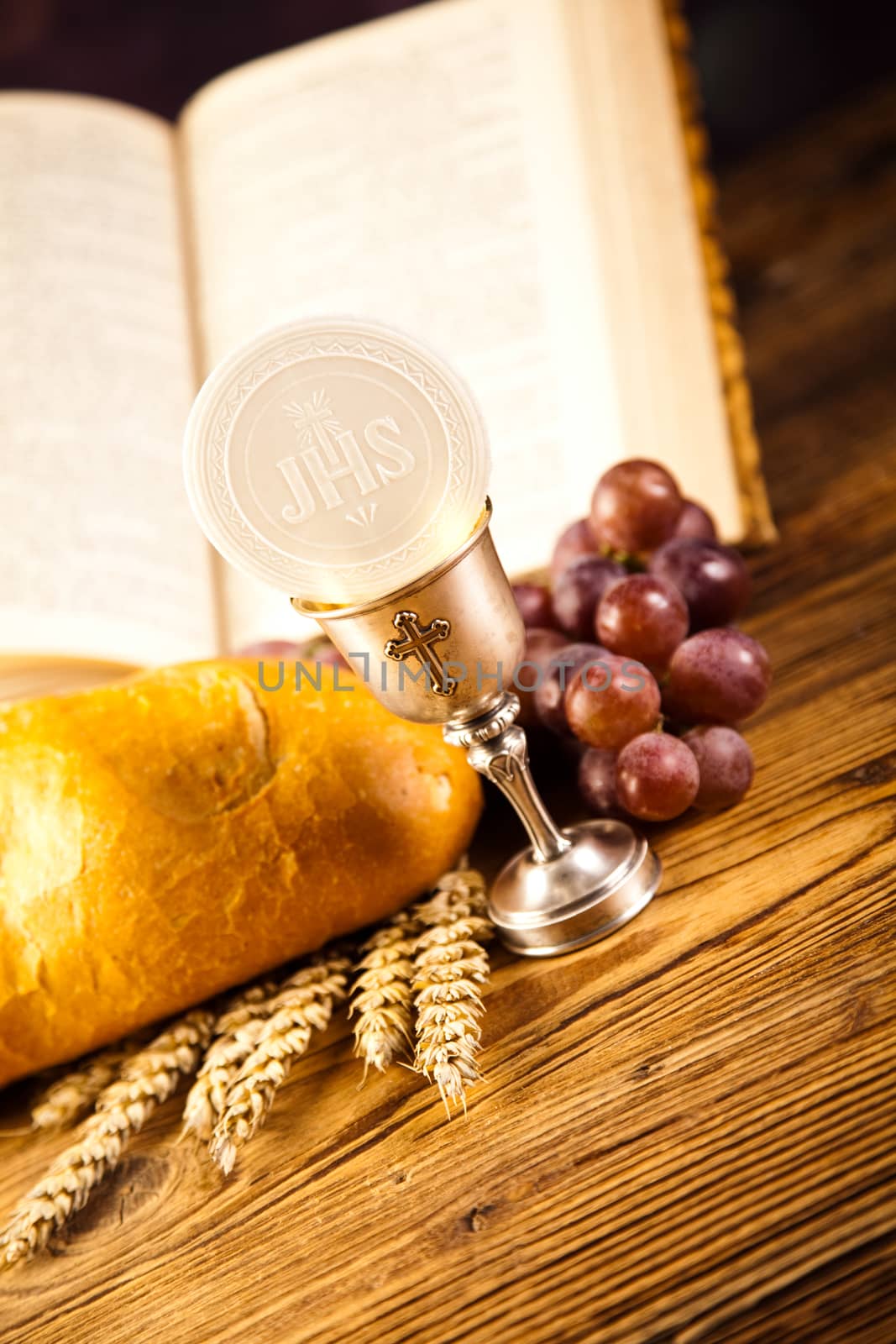 Holy Communion Bread, Wine, bright background, saturated concept