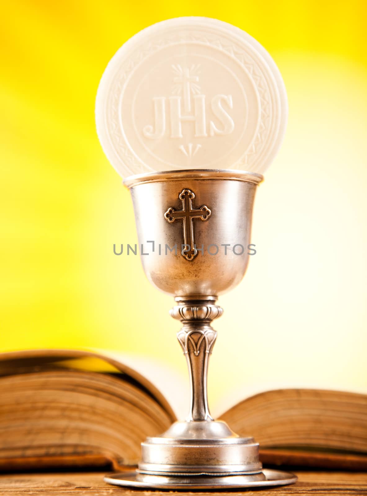 Holy Communion Bread, Wine, bright background, saturated concept