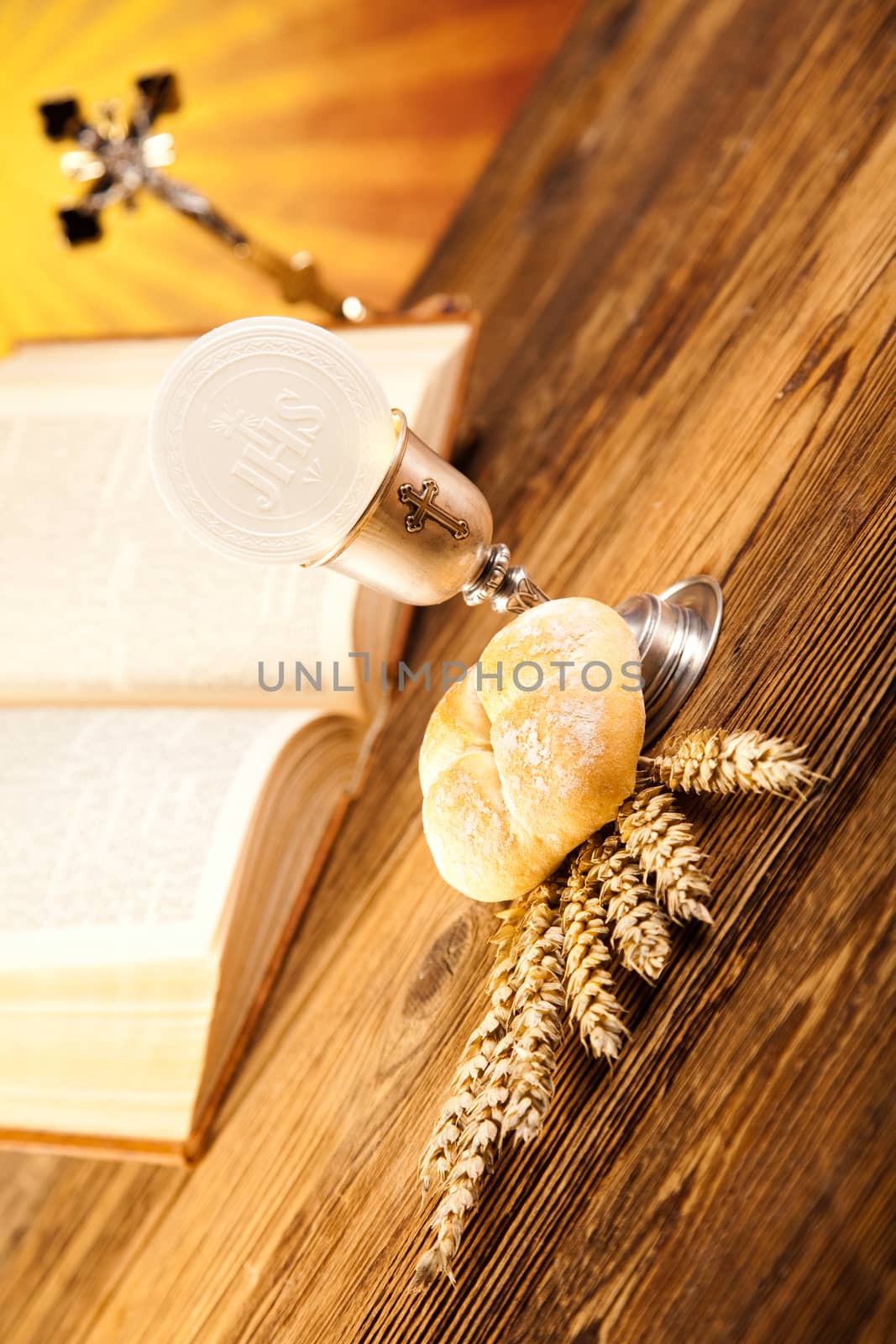 Holy Communion Bread, Wine, bright background, saturated concept