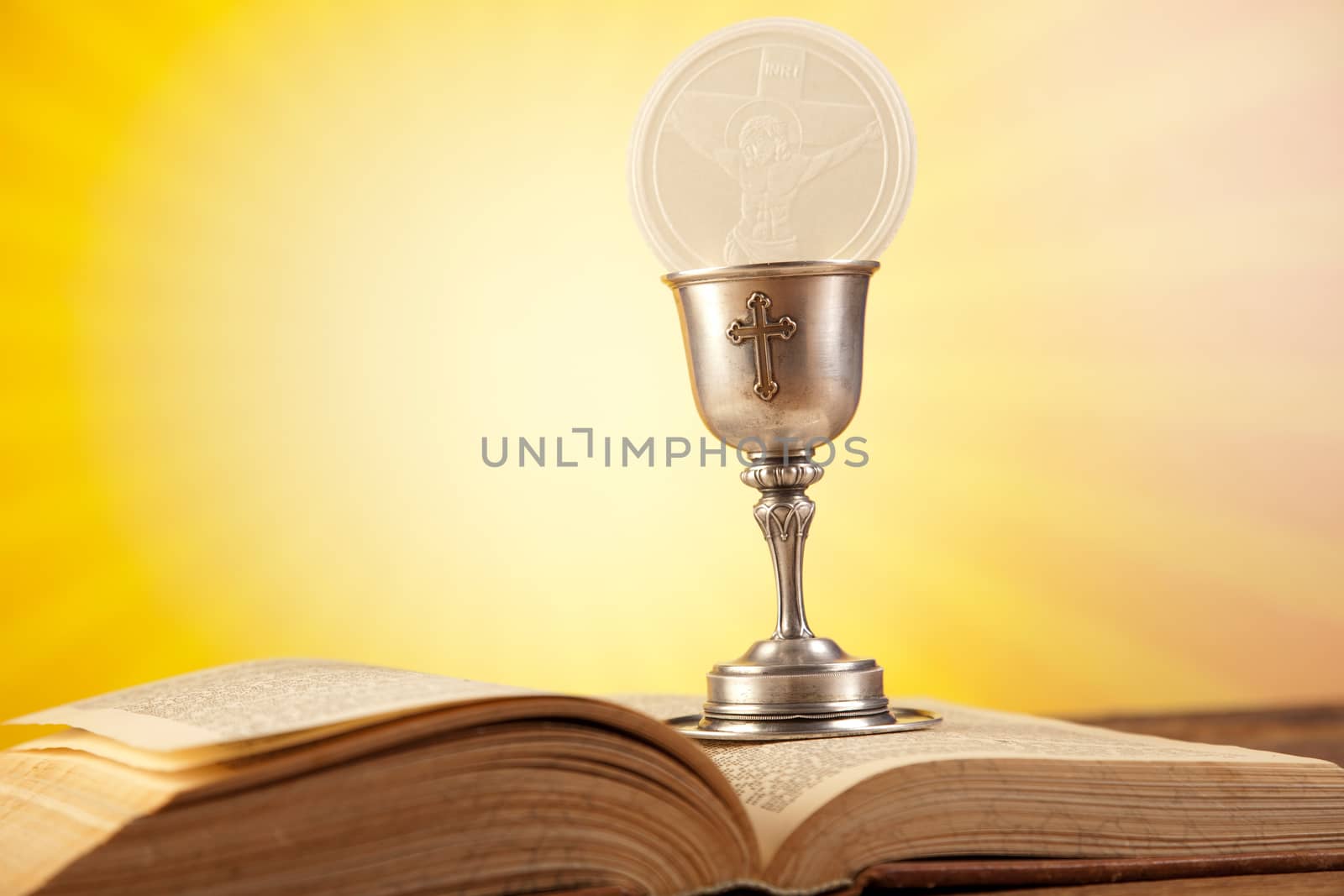Holy Communion Bread, Wine, bright background, saturated concept