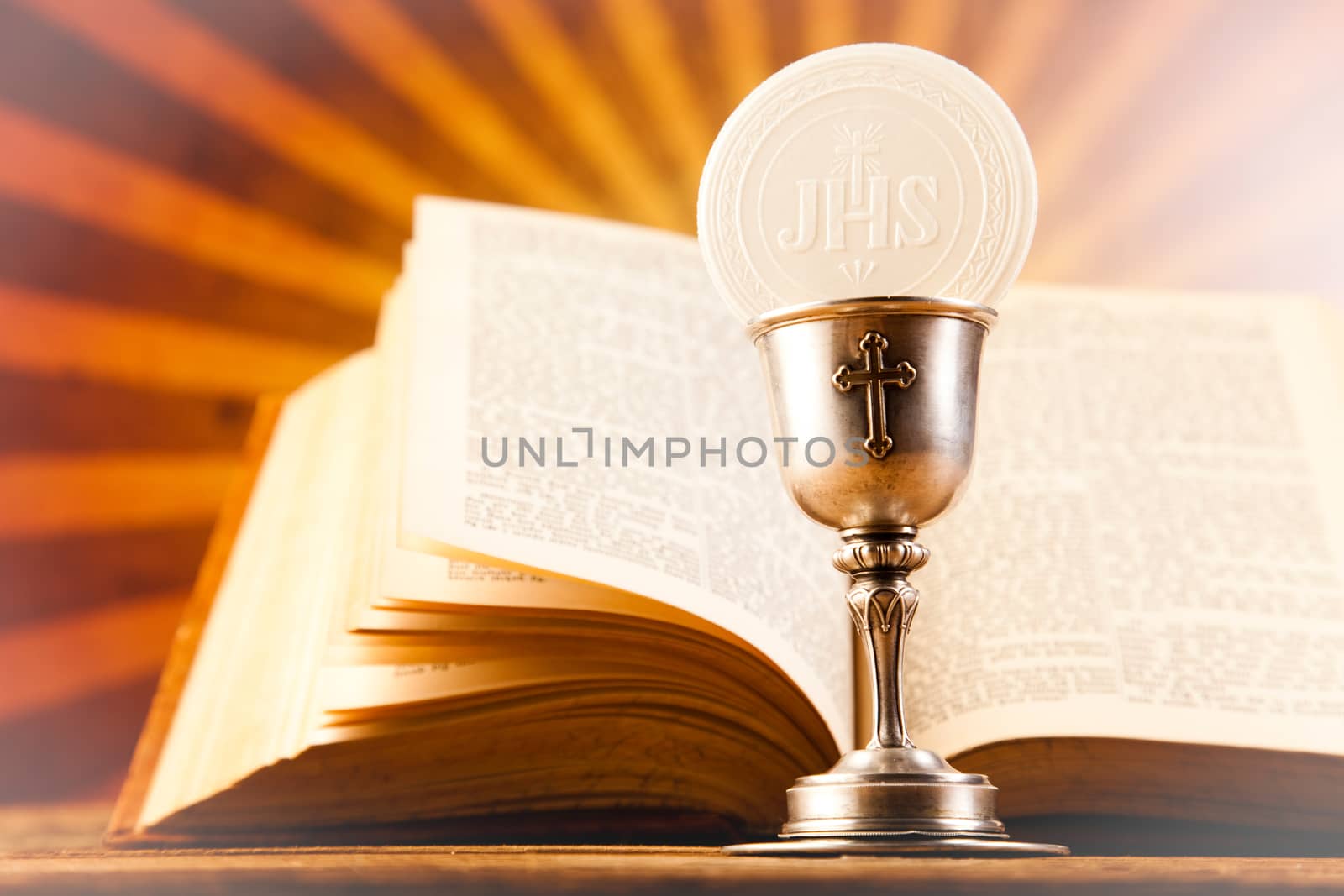 Holy Communion Bread, Wine, bright background, saturated concept