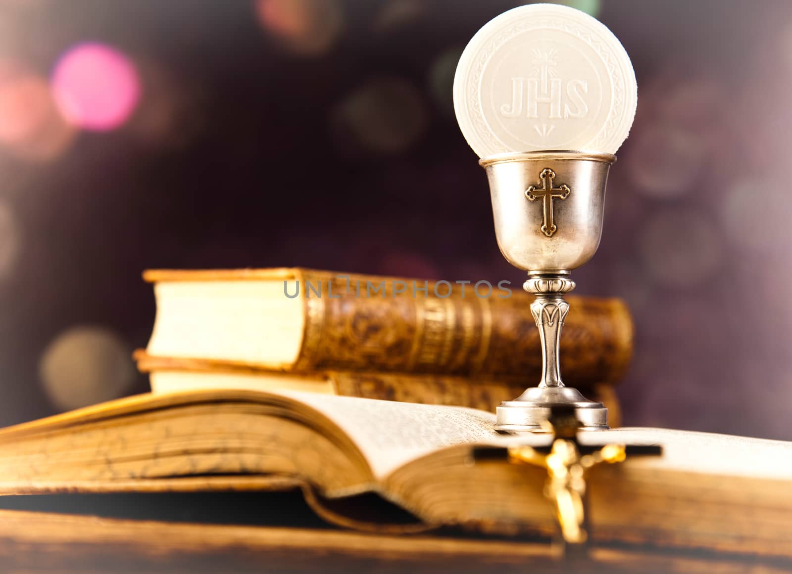 Holy Communion Bread, Wine, bright background, saturated concept