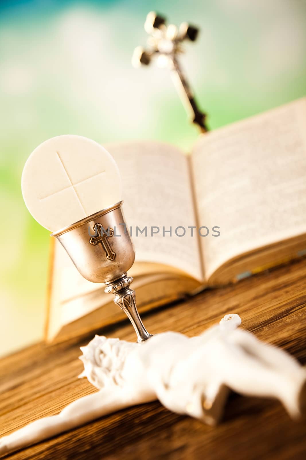 Holy Communion Bread, Wine, bright background, saturated concept