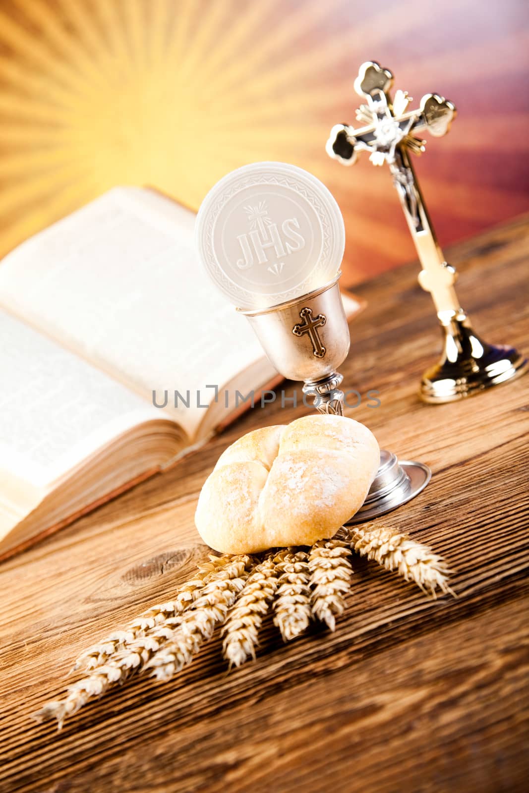 Holy Communion Bread, Wine, bright background, saturated concept
