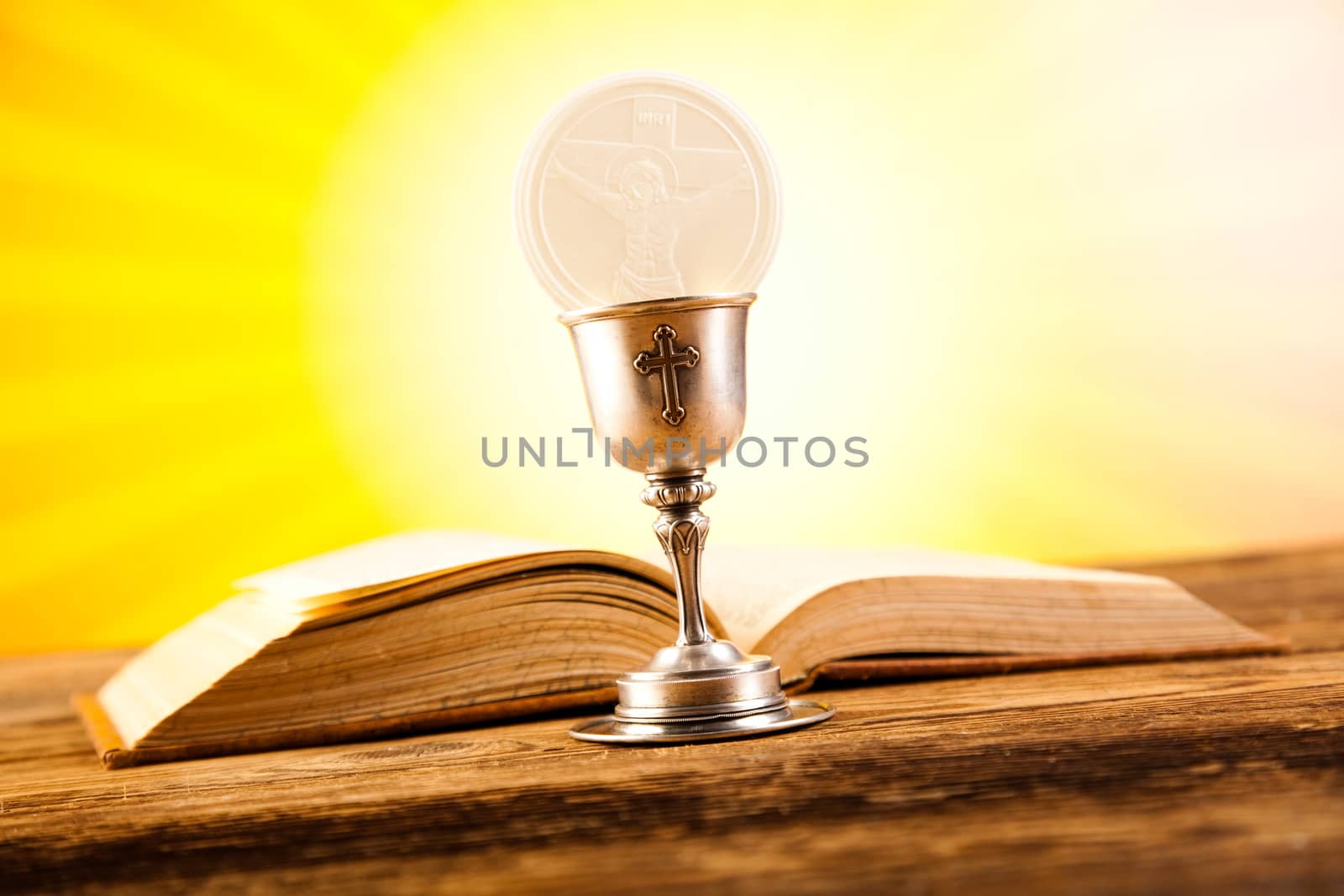 First communion, bright background, saturated concept