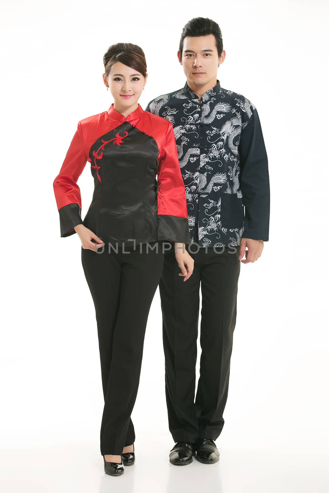 Wearing Chinese clothing waiter in front of a white background