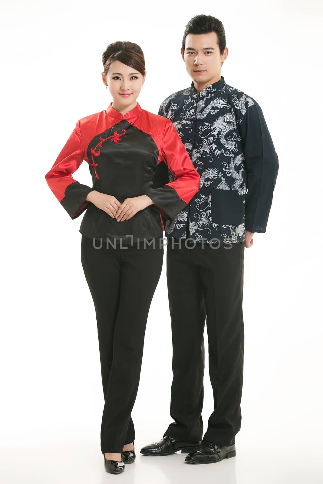 Wearing Chinese clothing waiter in front of a white background