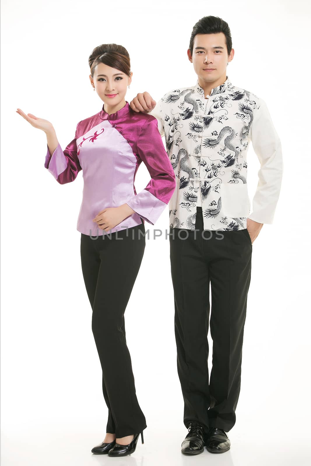 Wearing Chinese clothing waiter in front of a white background