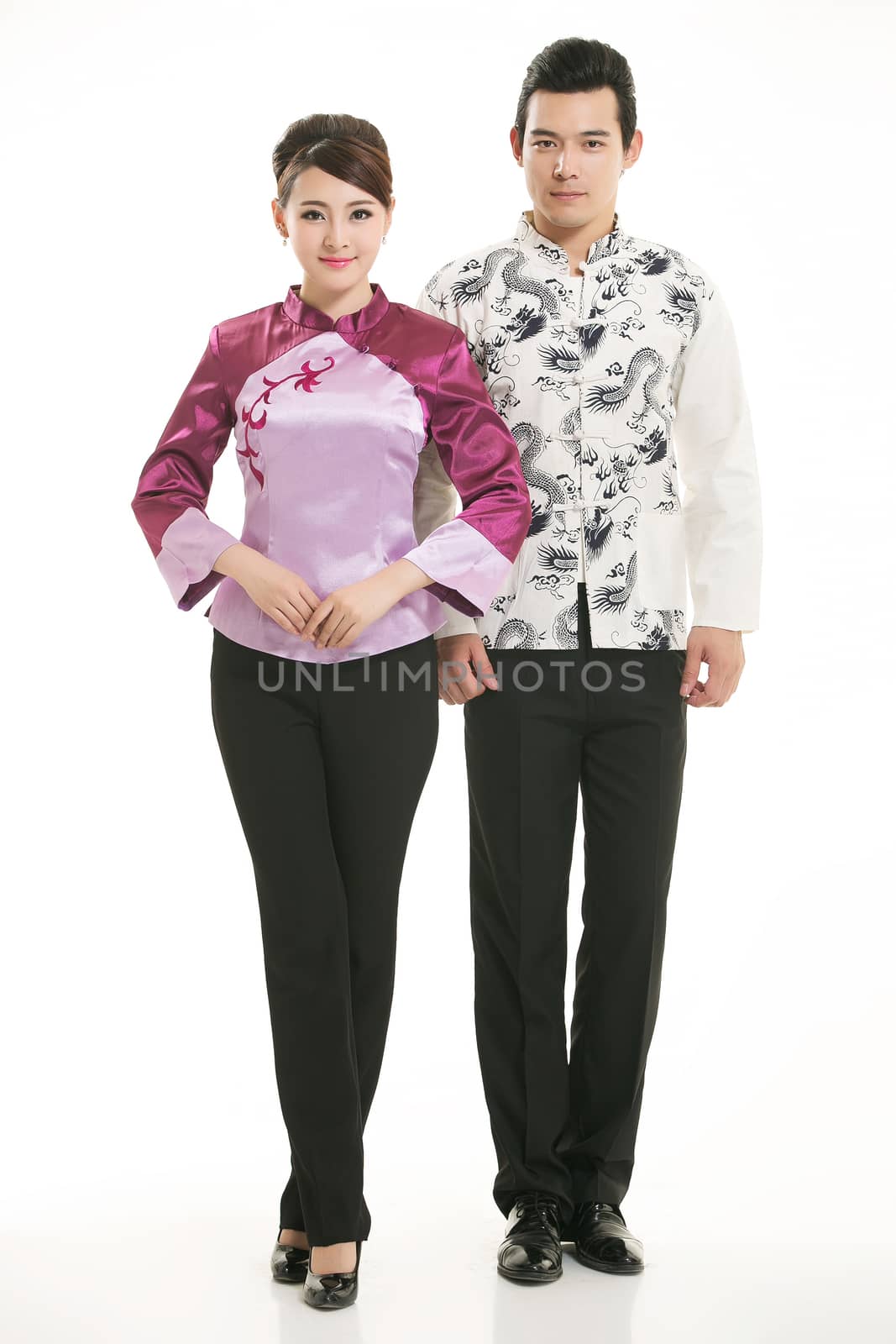 Wearing Chinese clothing waiter in front of a white background