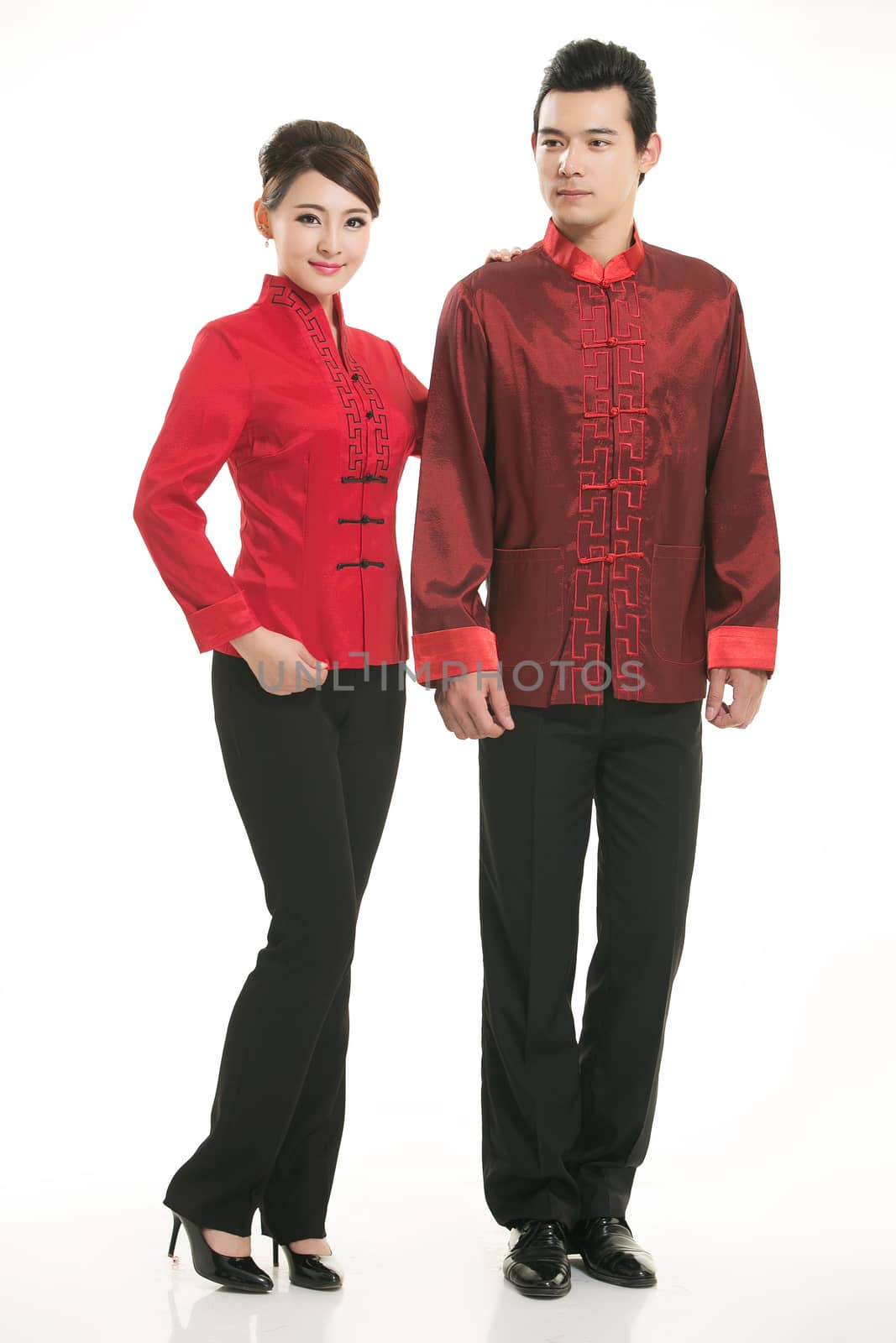 Wearing Chinese clothing waiter in front of a white background