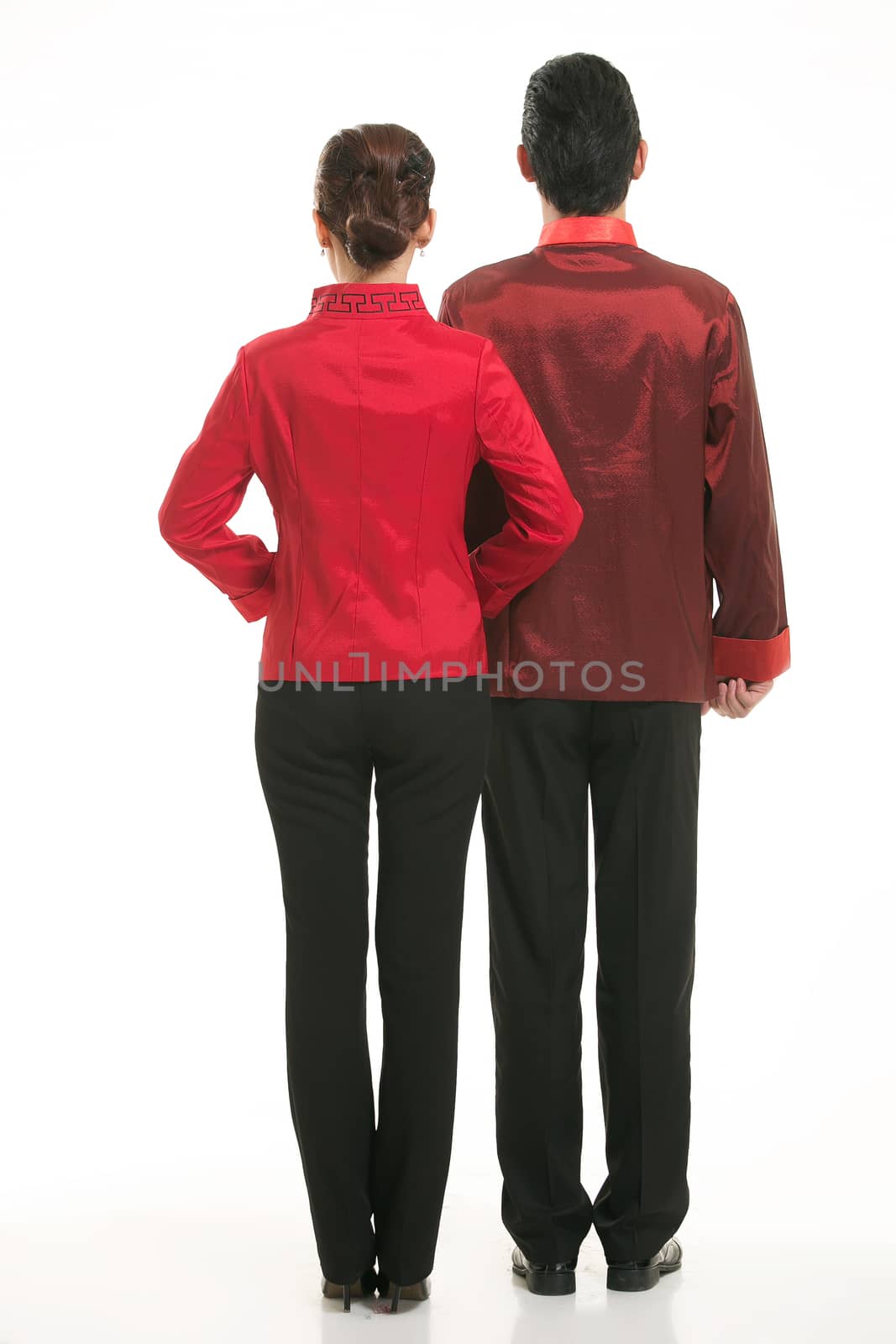 Wearing Chinese clothing waiter in front of a white background