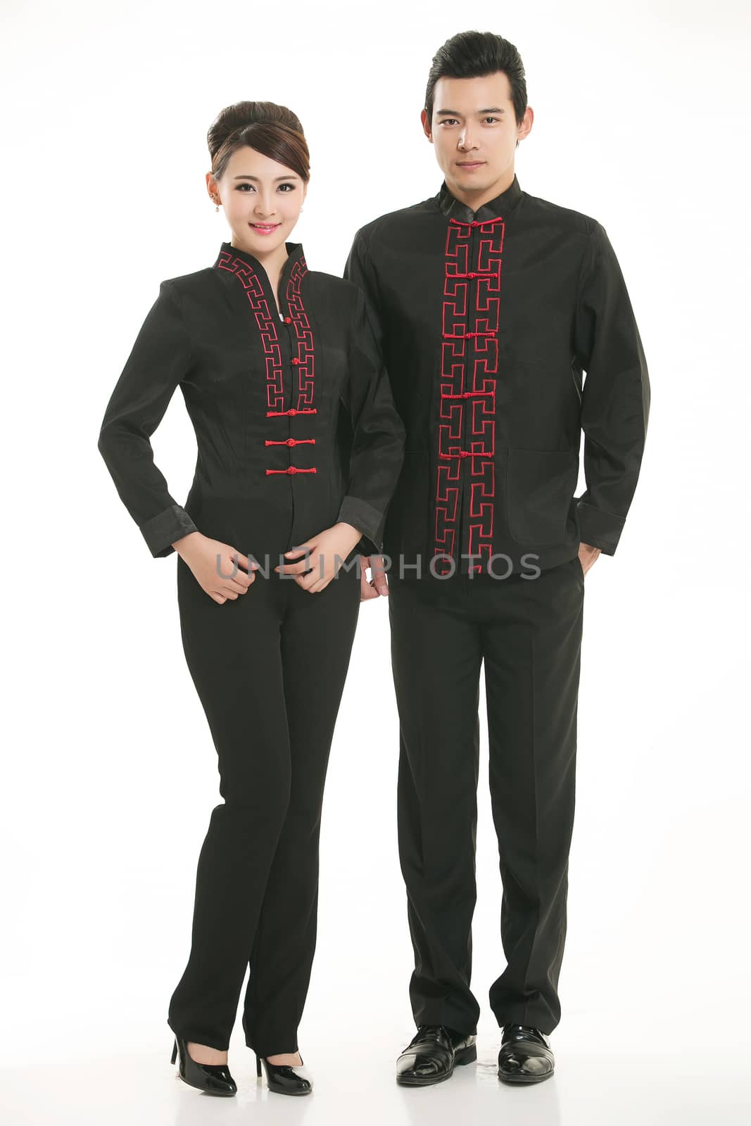 Wearing Chinese clothing waiter in front of a white background