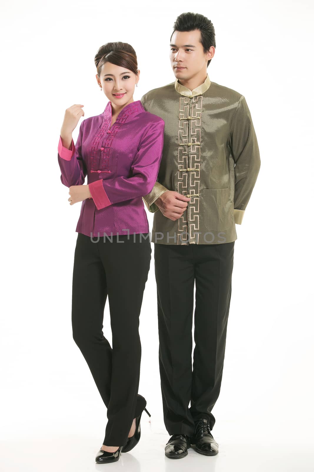 Wearing Chinese clothing waiter in front of a white background