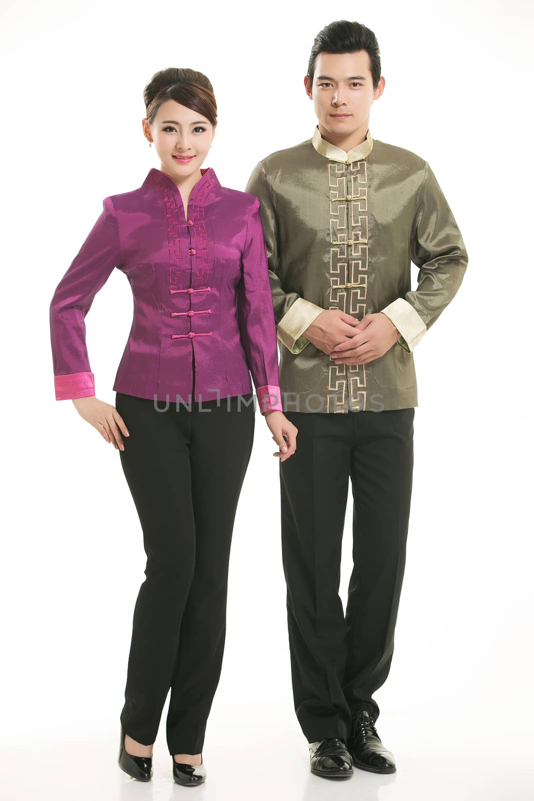 Wearing Chinese clothing waiter in front of a white background