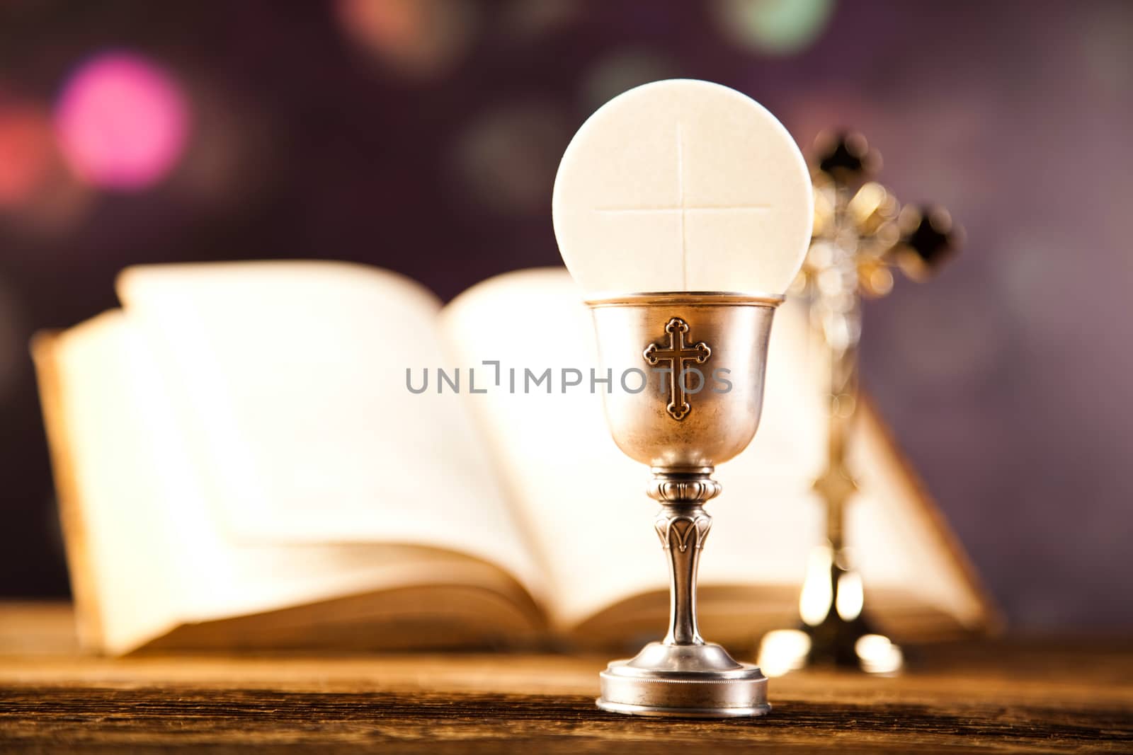 First communion, bright background, saturated concept