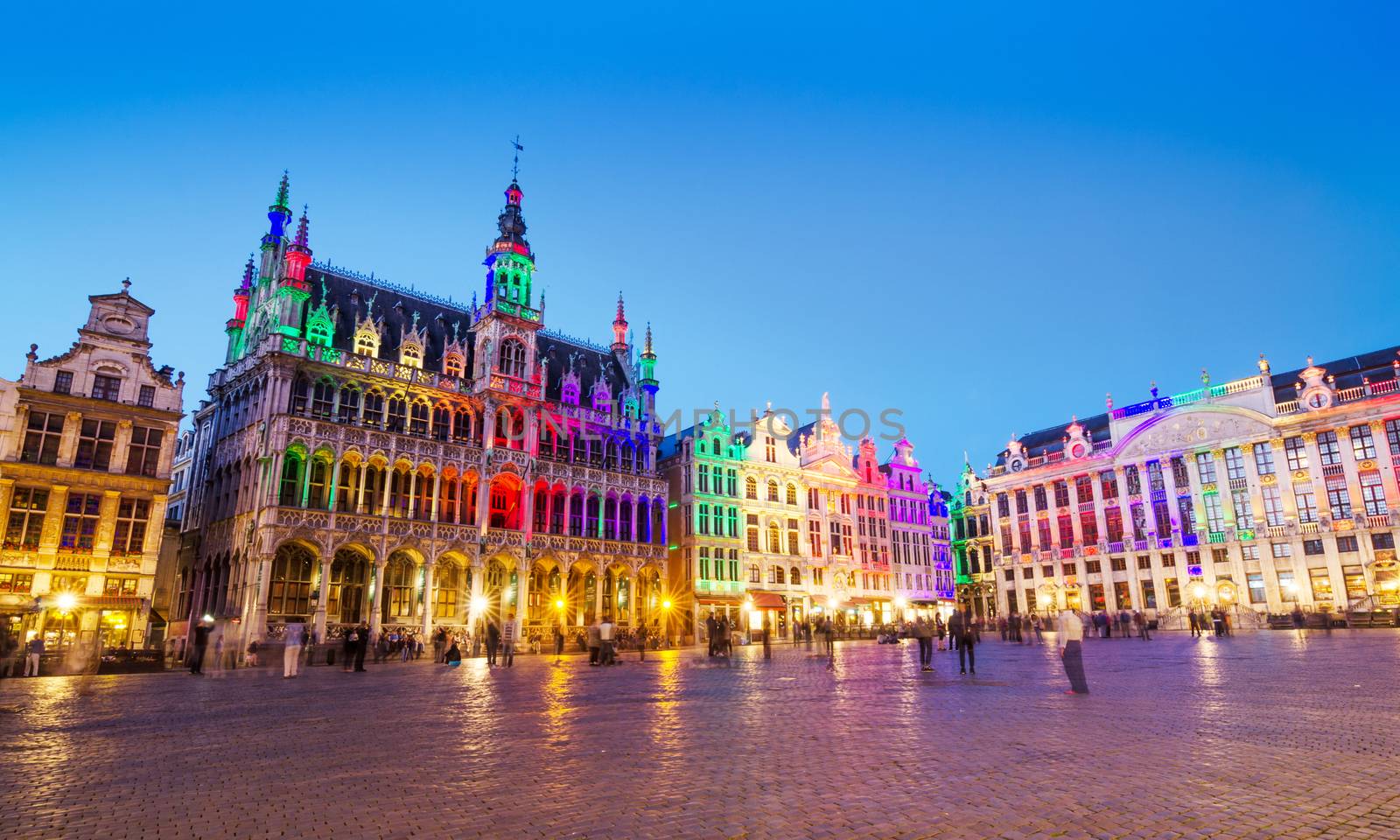 Grand Place in Brussels with colorful lighting, Belgium