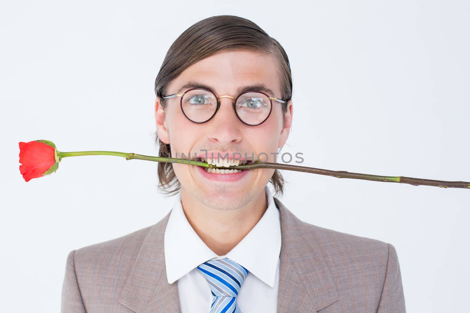 Geeky businessman offering bunch of roses on white background 