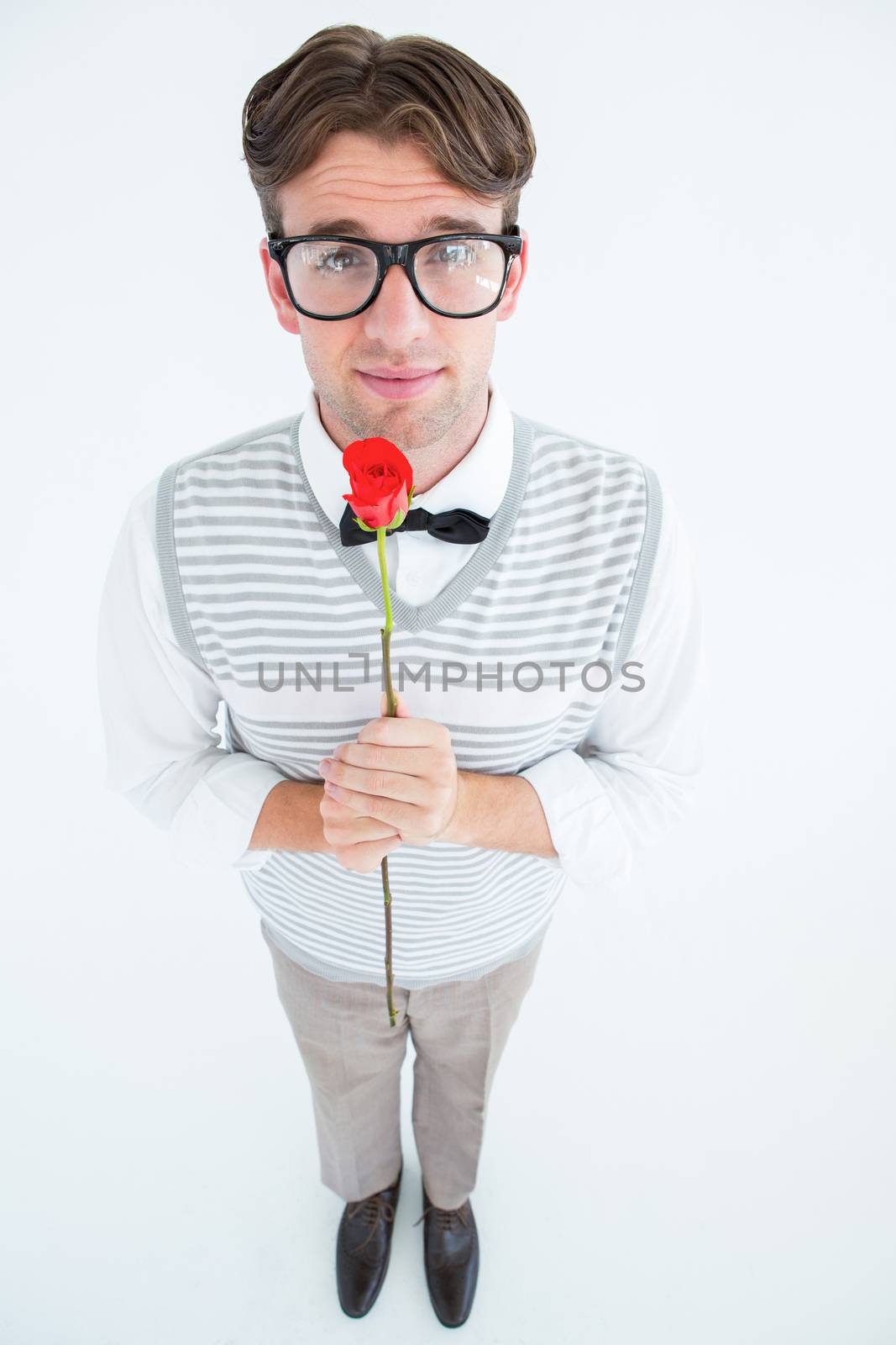 Geeky hipster holding a red rose on white background