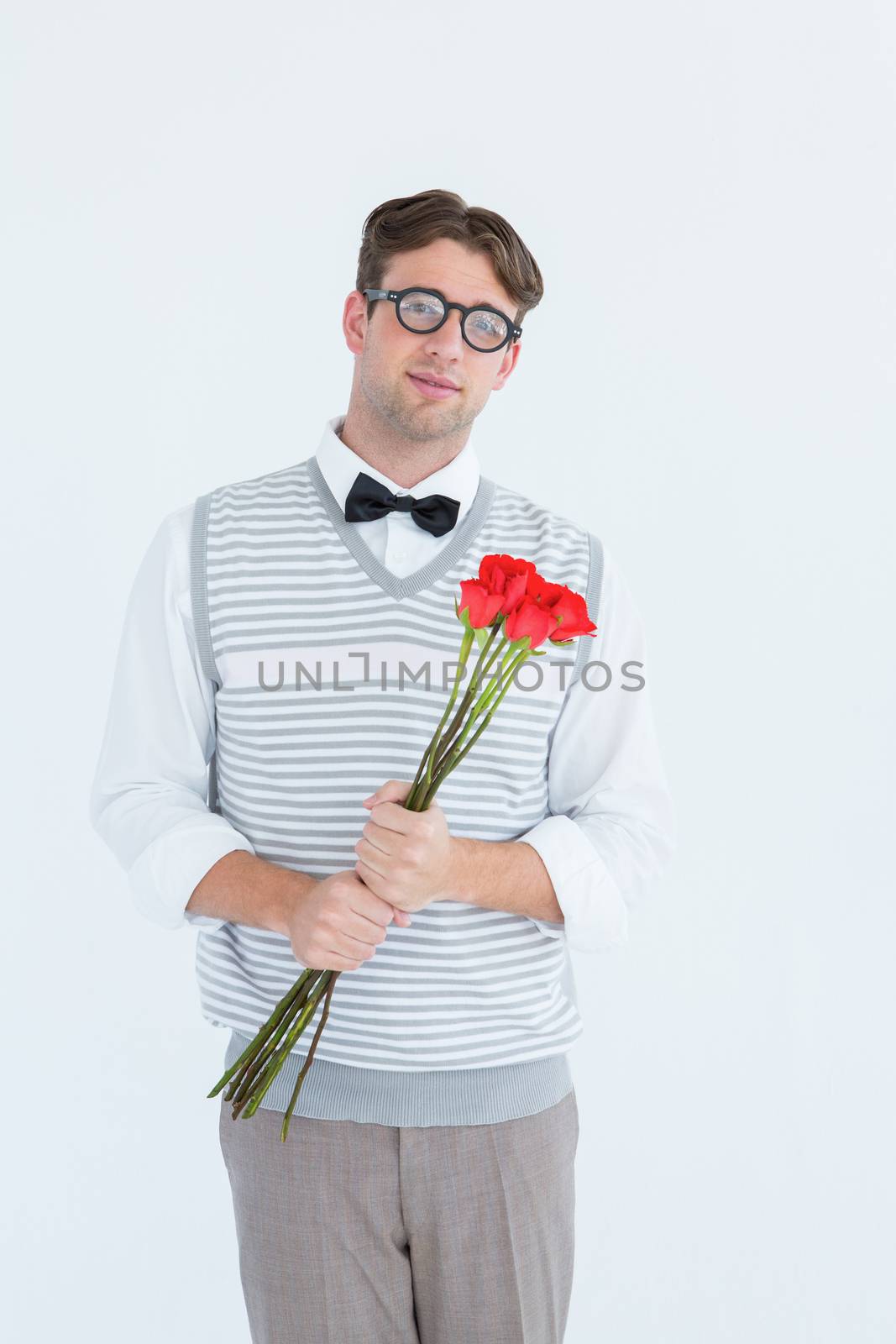 Geeky hipster offering bunch of roses on white background