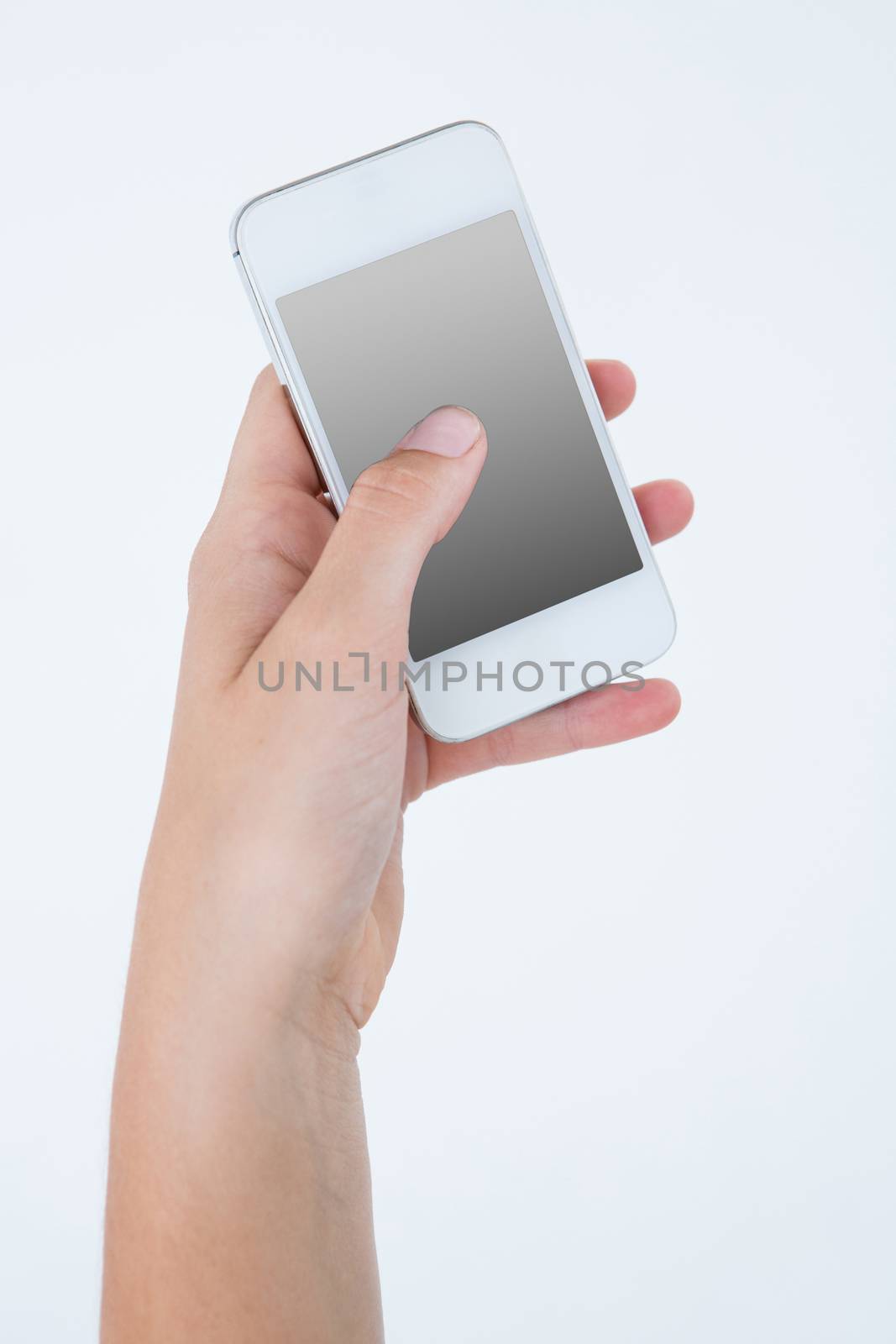 Hand showing smartphone on white background