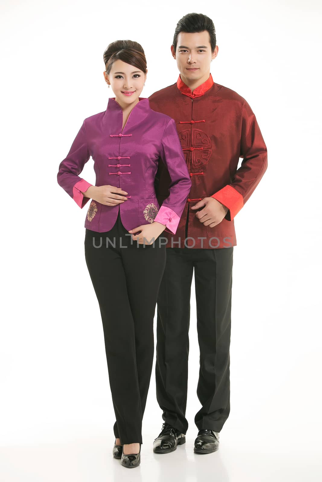 Wearing Chinese clothing waiter in front of a white background