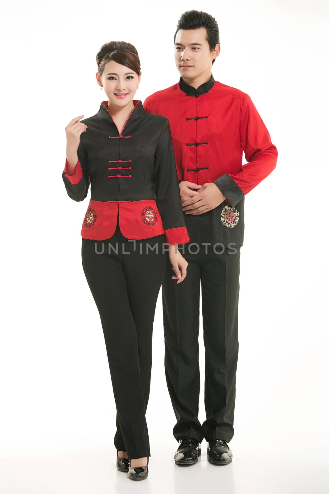 Wearing Chinese clothing waiter in front of a white background