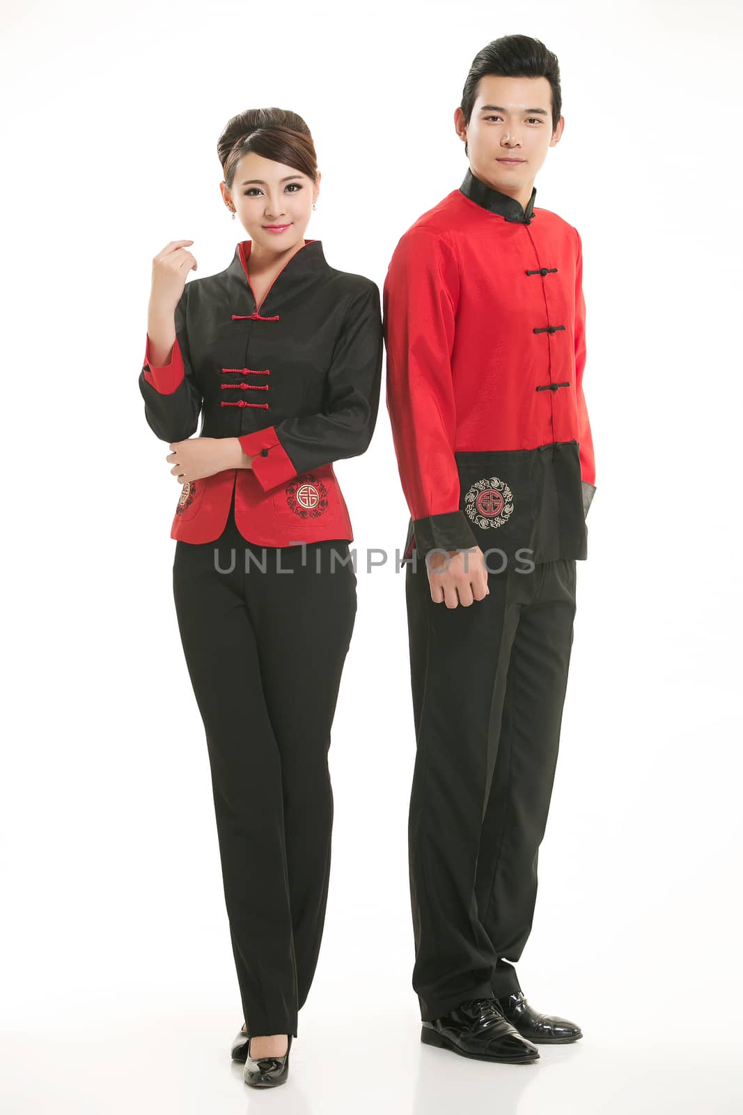 Wearing Chinese clothing waiter in front of a white background