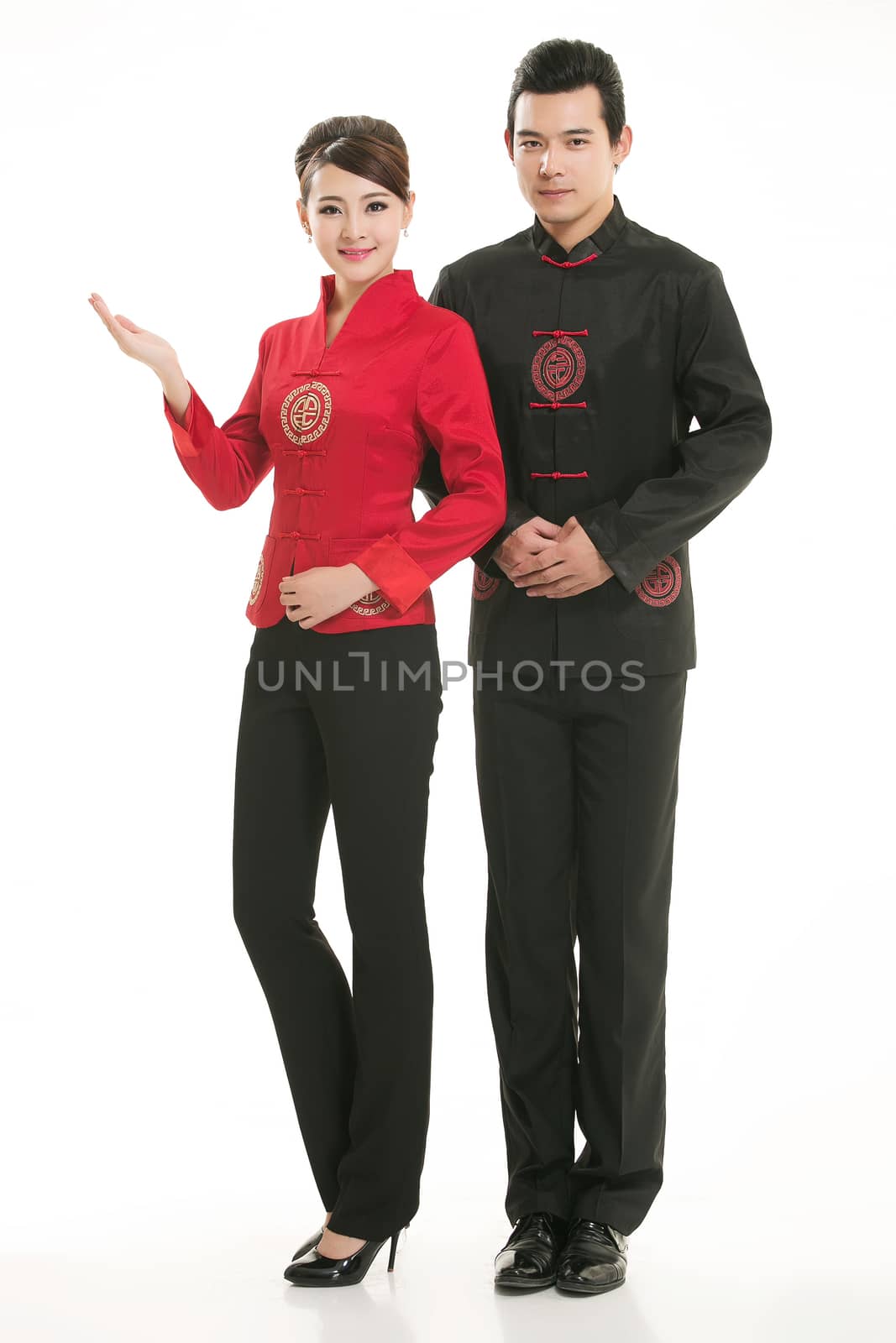 Wearing Chinese clothing waiter in front of a white background