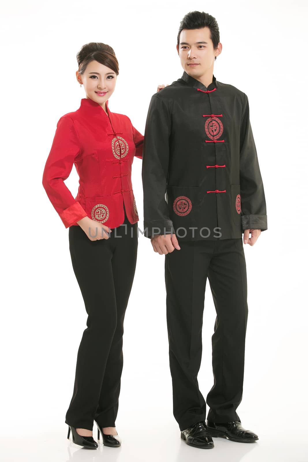 Wearing Chinese clothing waiter in front of a white background