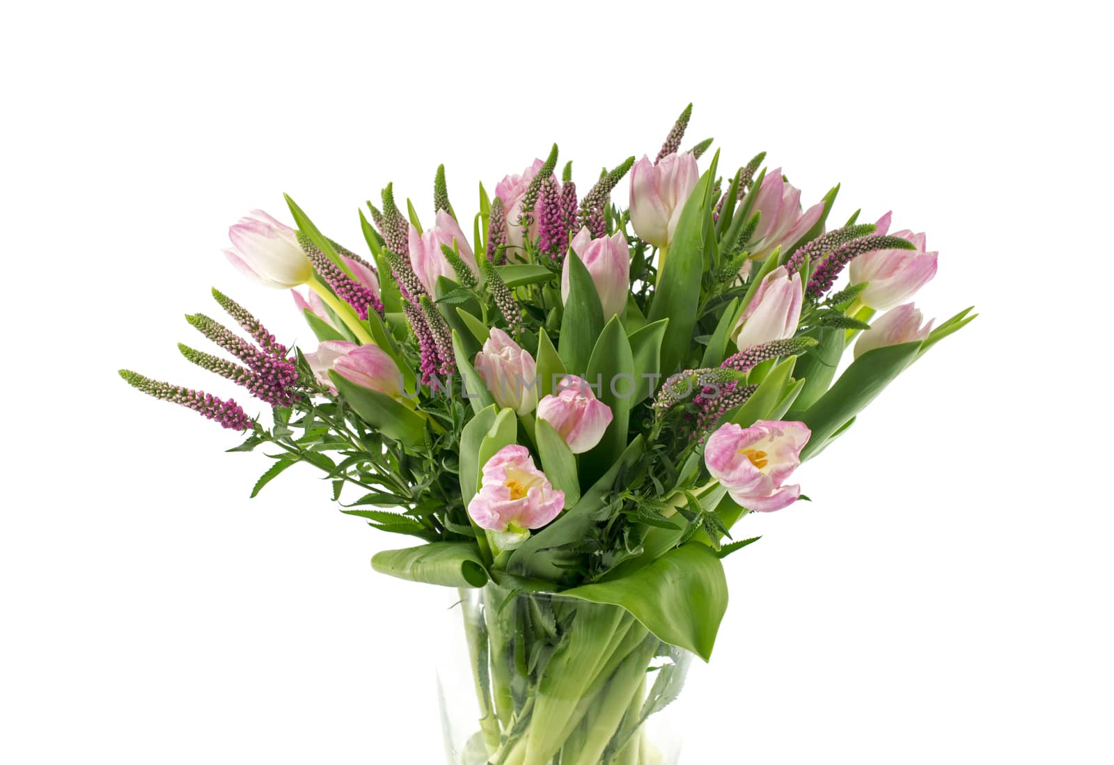 boueqt of pink tulips on vase from glass as present or git to girlfriend mother or other love one