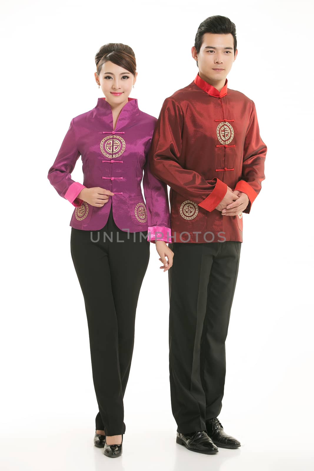 Wearing Chinese clothing waiter in front of a white background