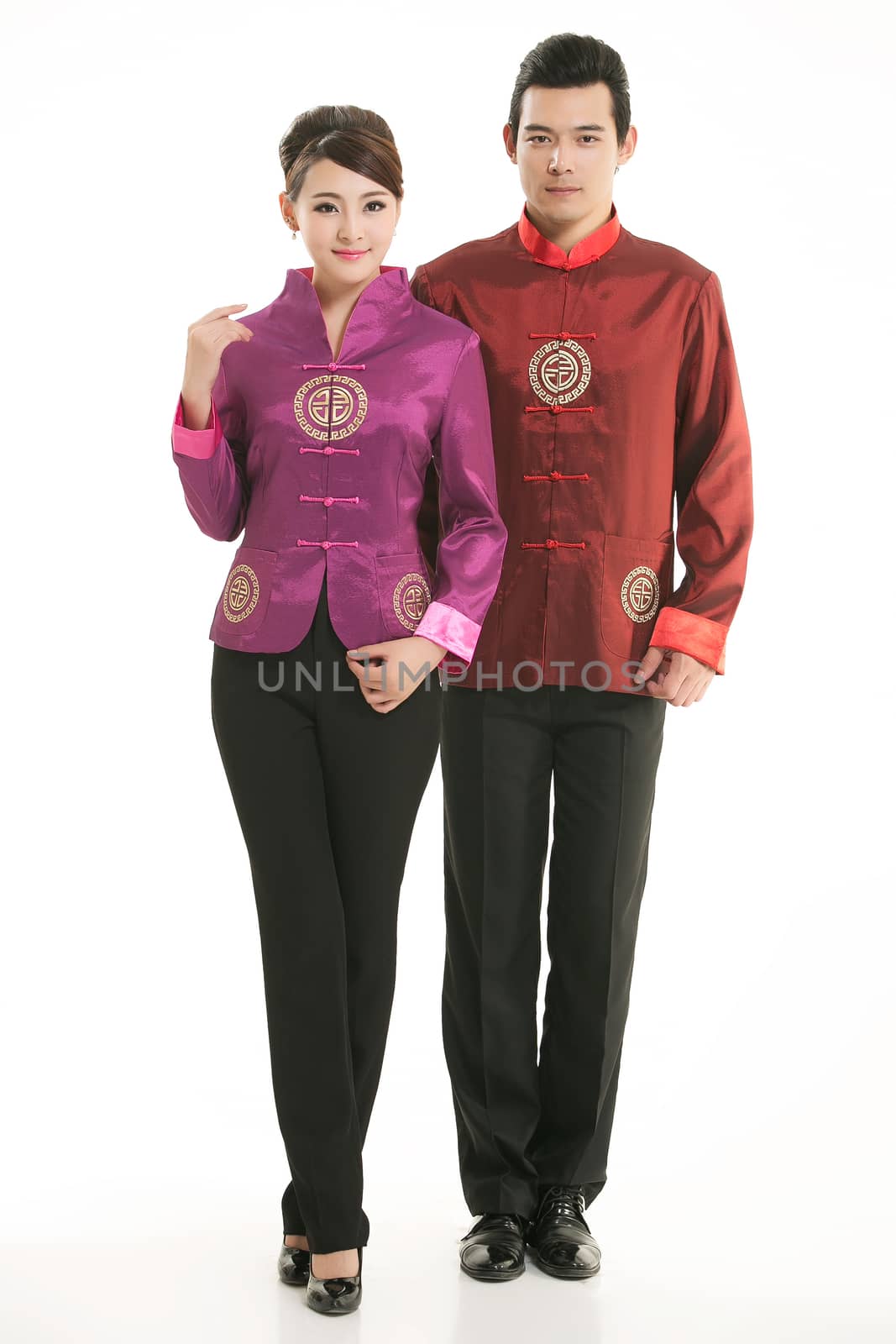 Wearing Chinese clothing waiter in front of a white background