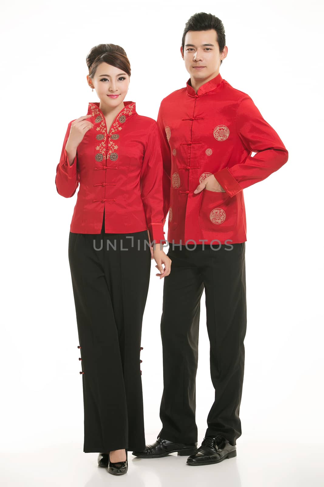 Wearing Chinese clothing waiter in front of a white background