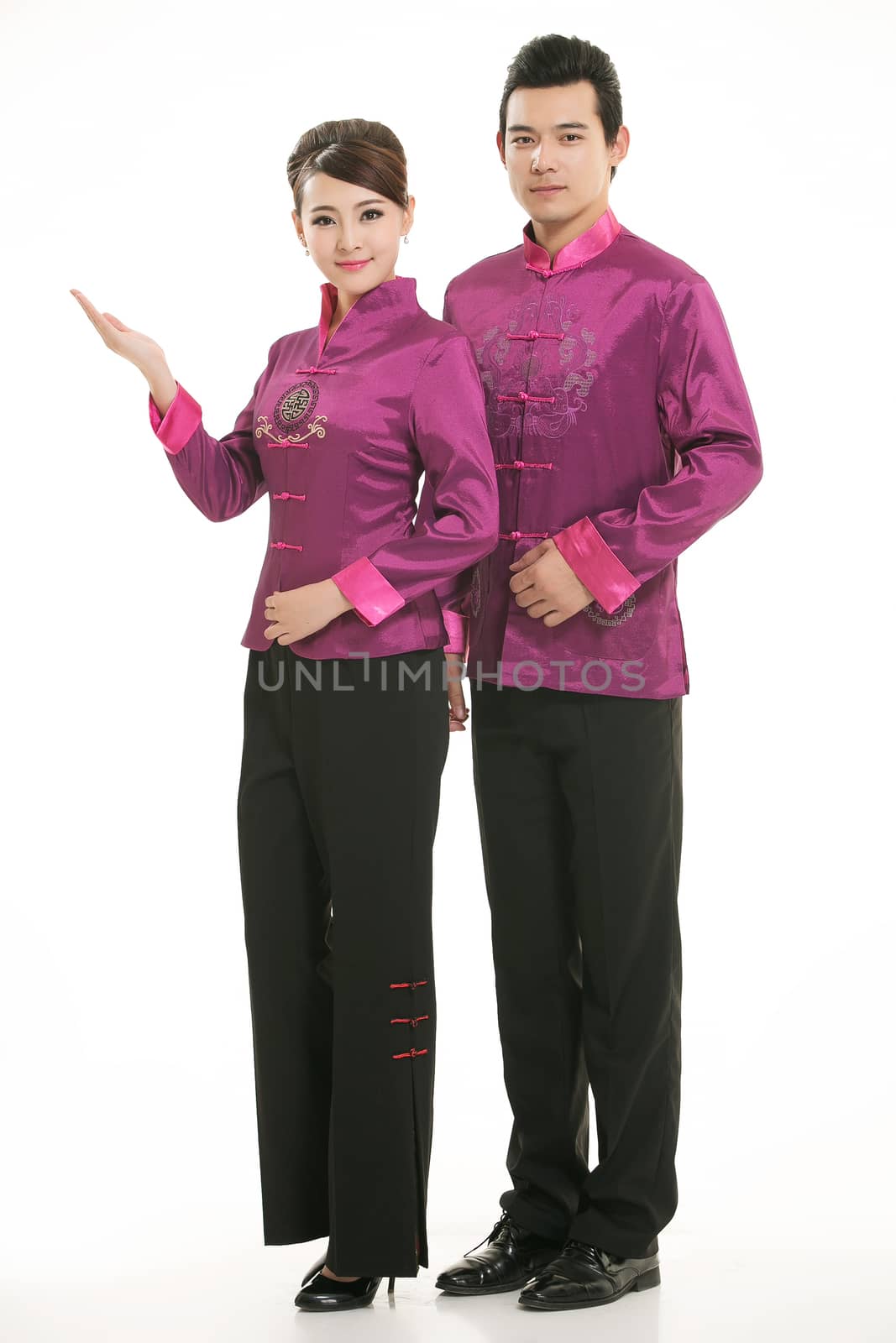 Wearing Chinese clothing waiter in front of a white background