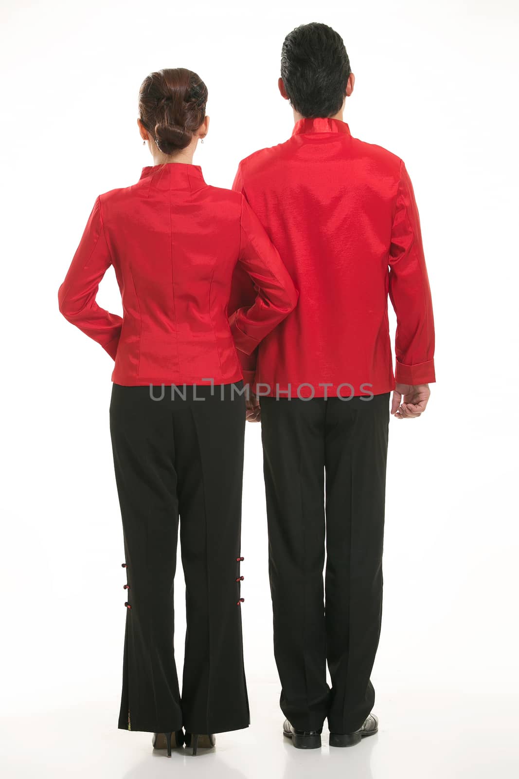 Wearing Chinese clothing waiter in front of a white background