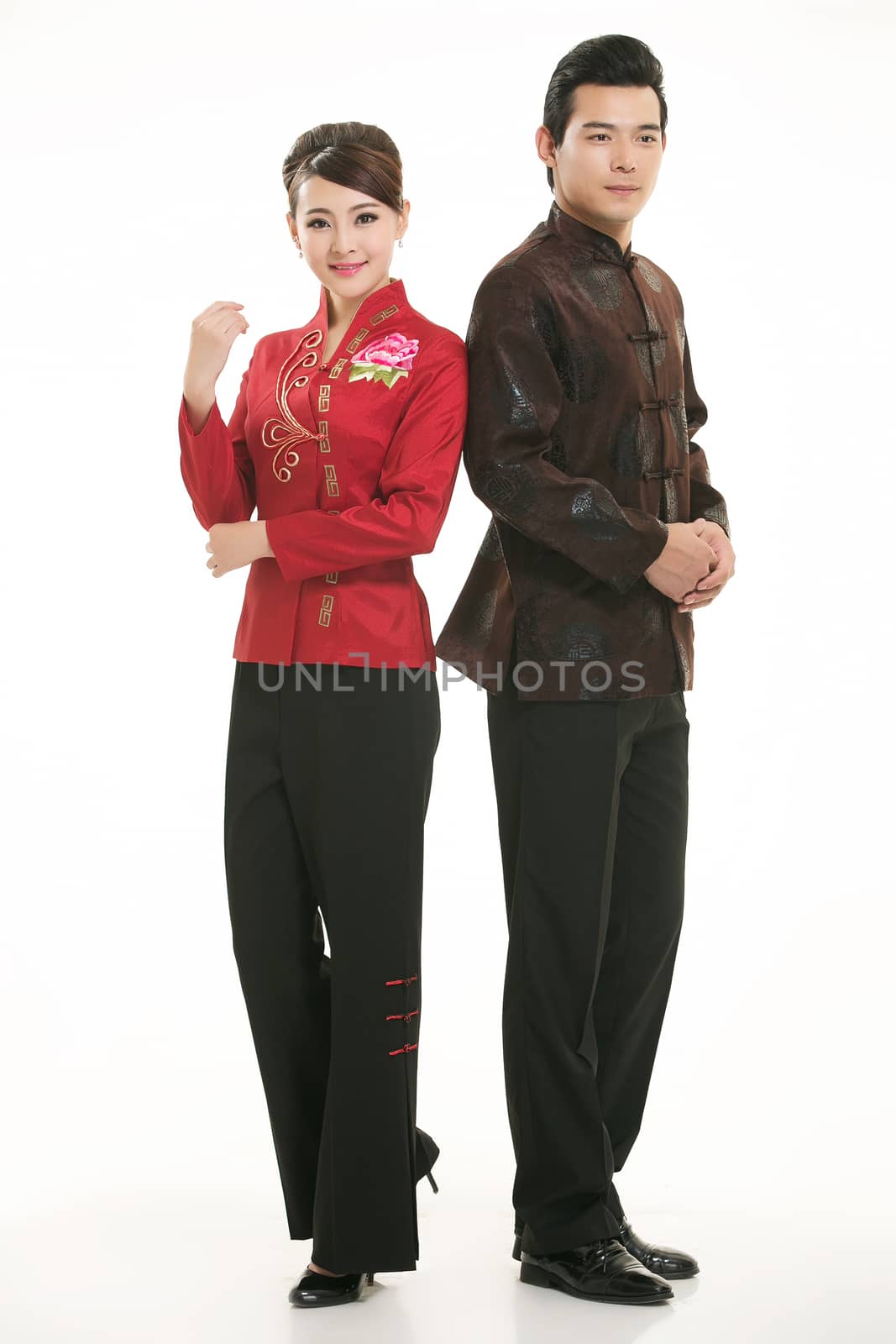 Wearing Chinese clothing waiter in front of a white background