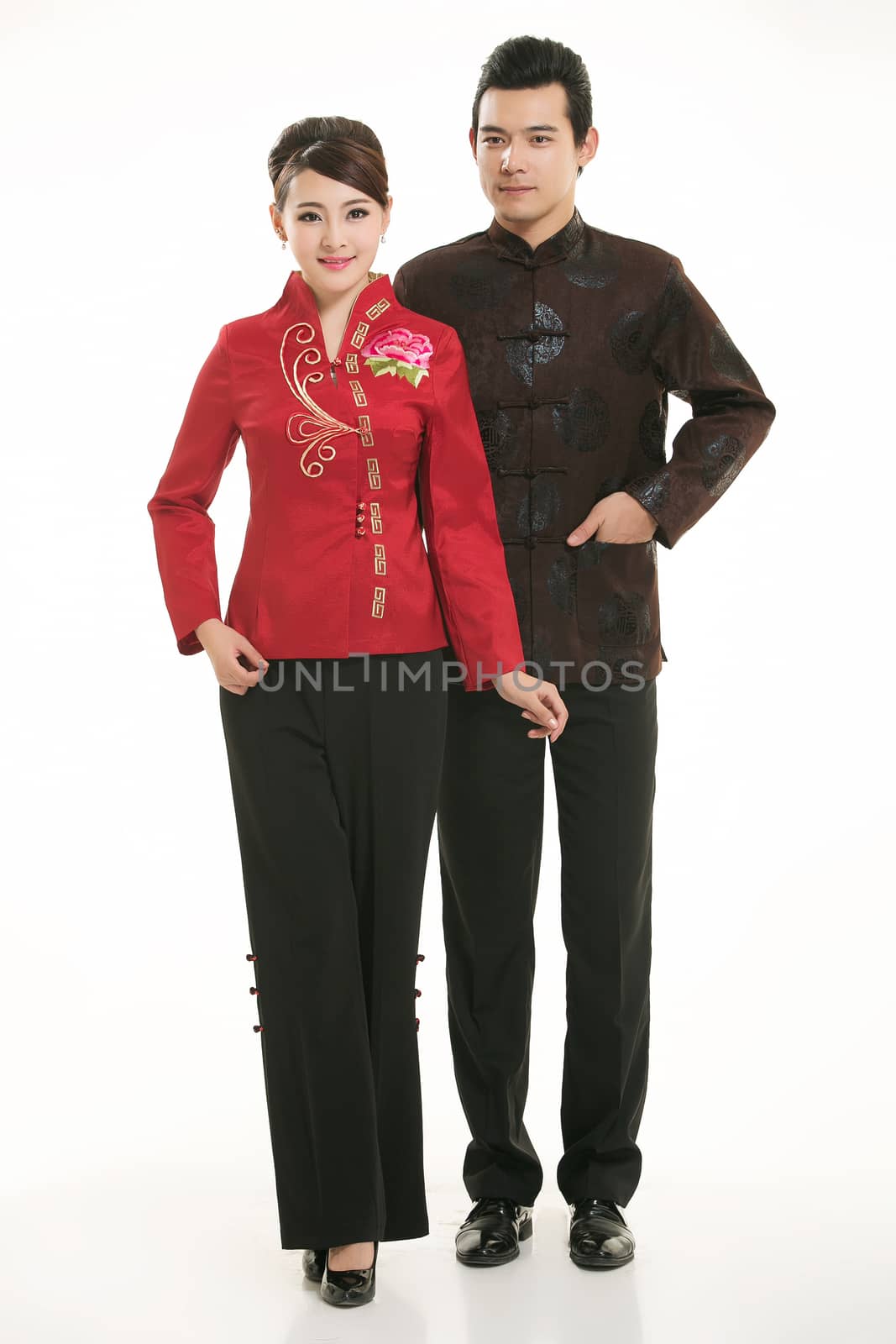 Wearing Chinese clothing waiter in front of a white background