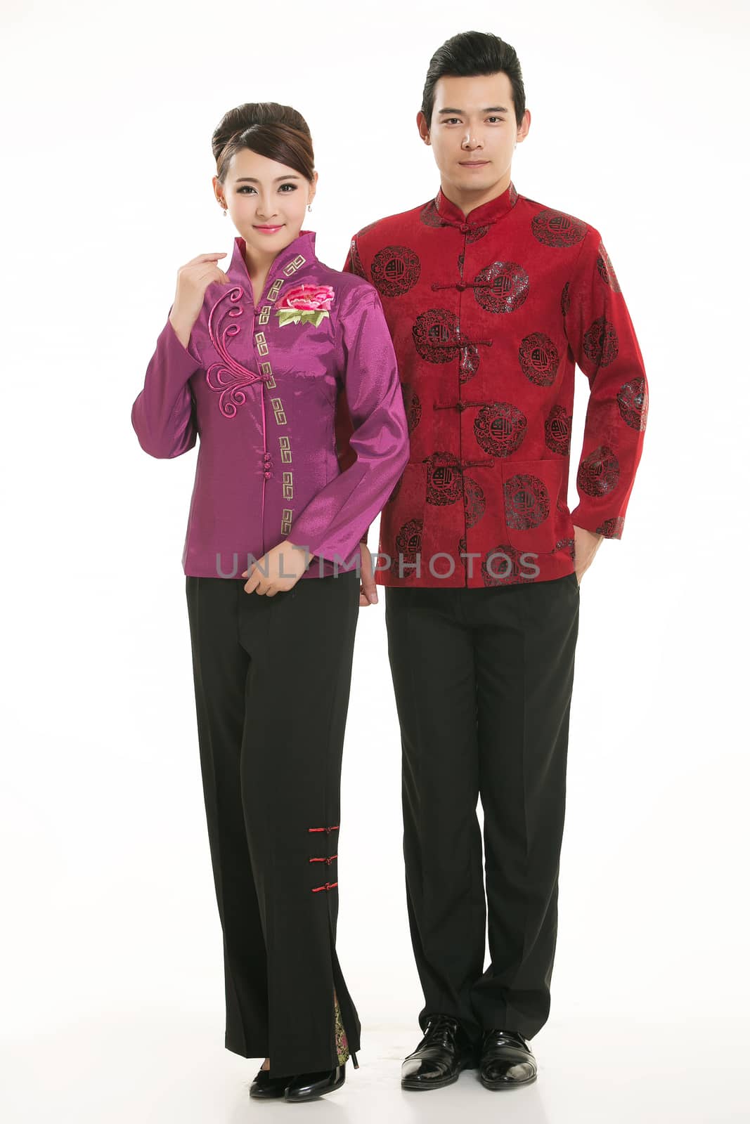 Wearing Chinese clothing waiter in front of a white background